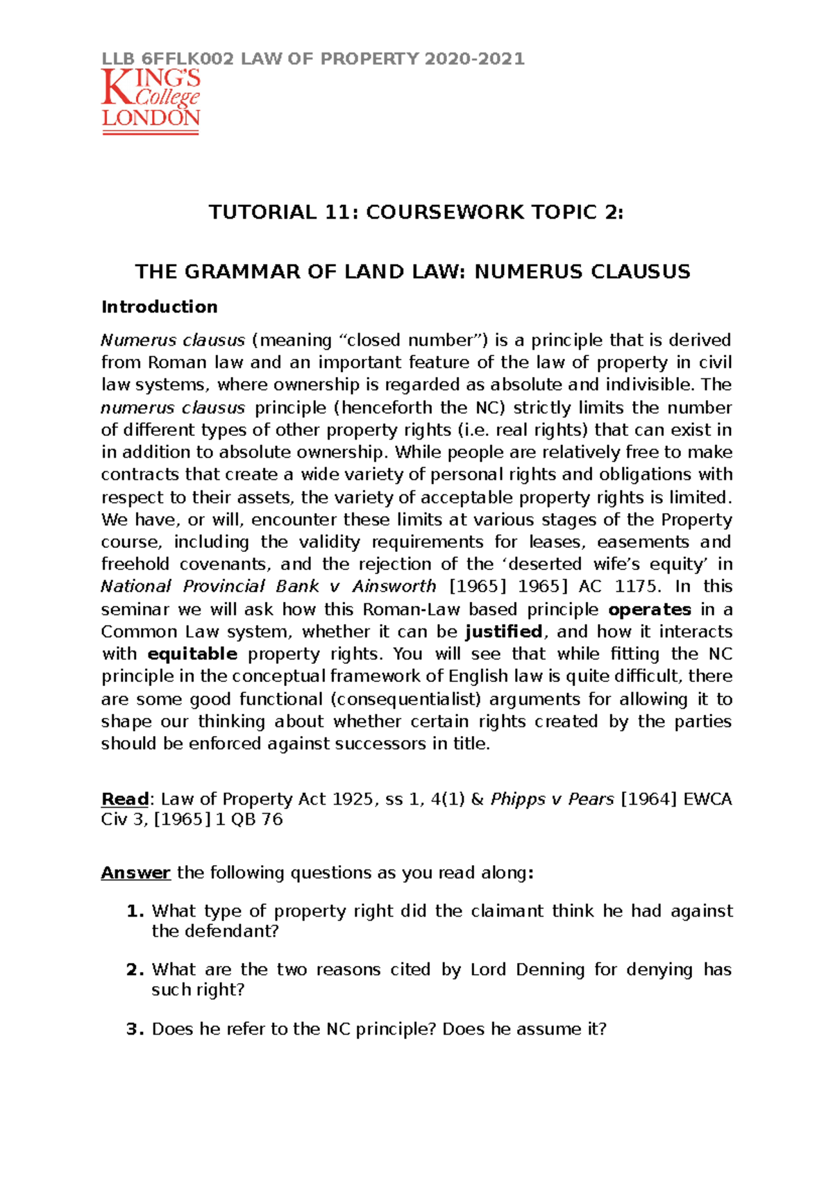 Coursework Topic 2 property law TUTORIAL 11 COURSEWORK TOPIC 2 THE