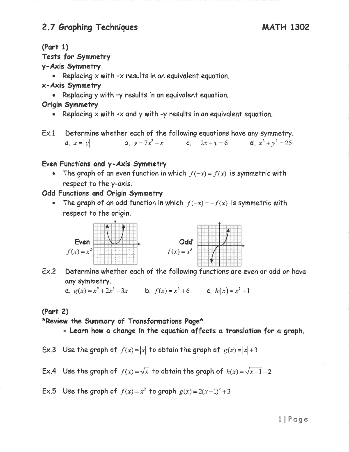 College Algebra Chapter 2.7 - 2 Graphing Techniques MATH 1302 (Part 1 ...