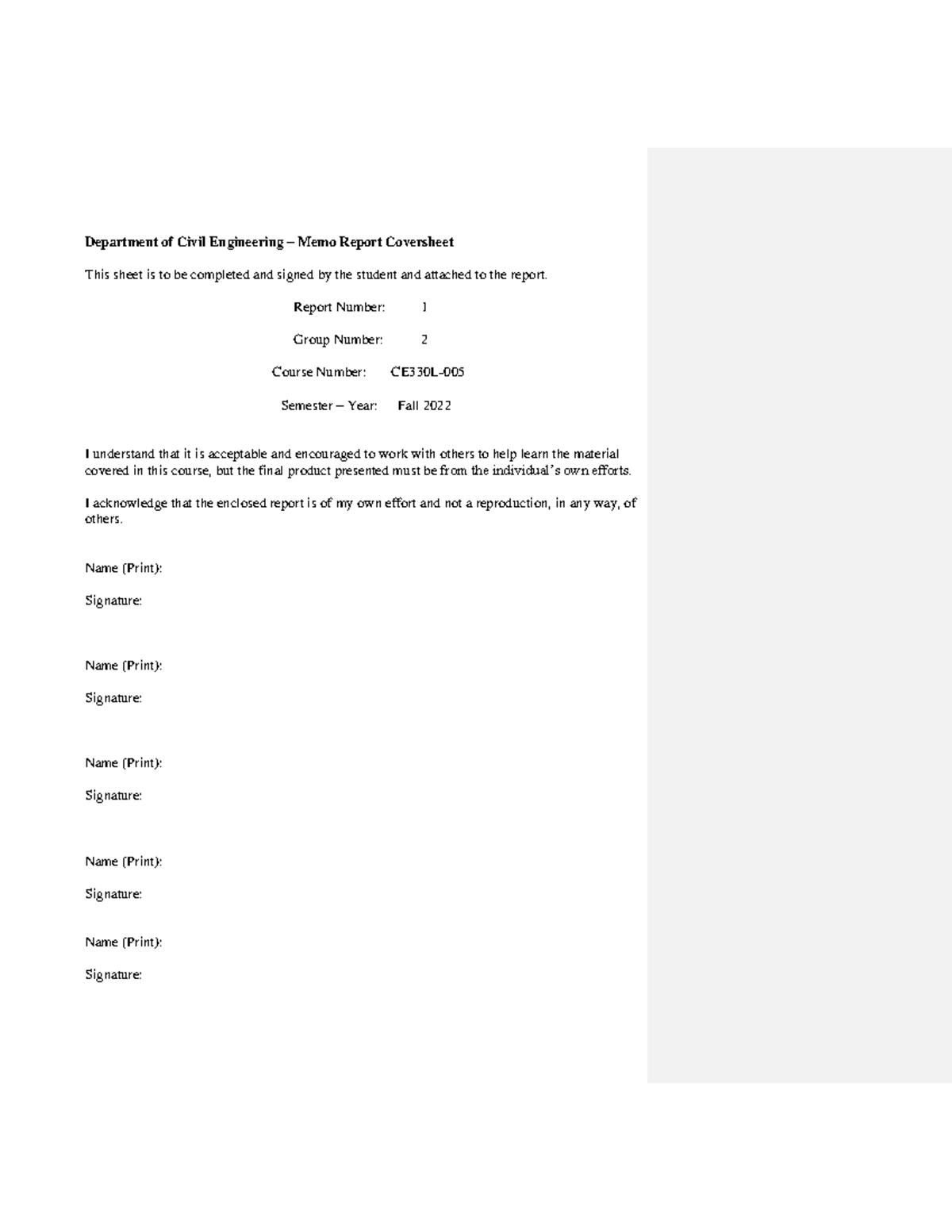 CE 330L Lab Report 1 Department of Civil Engineering Memo Report