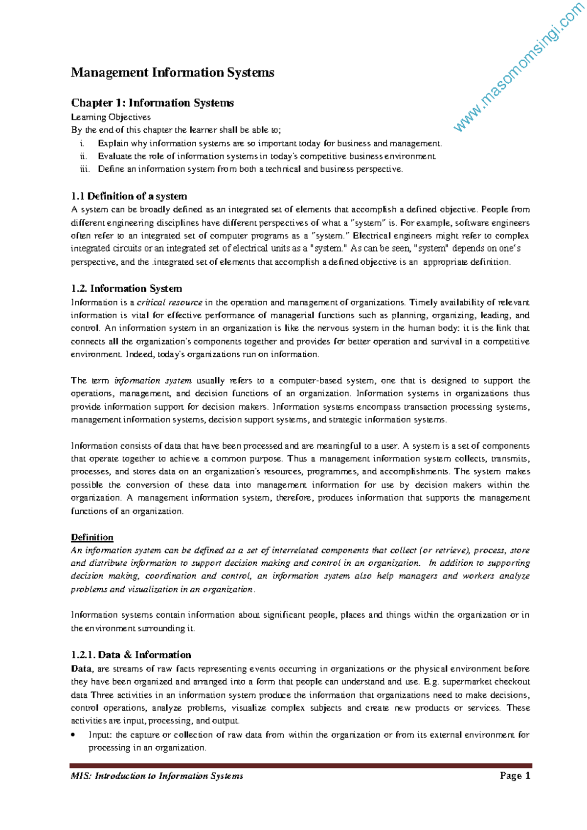 Information management notes - Management Information Systems Chapter 1 ...