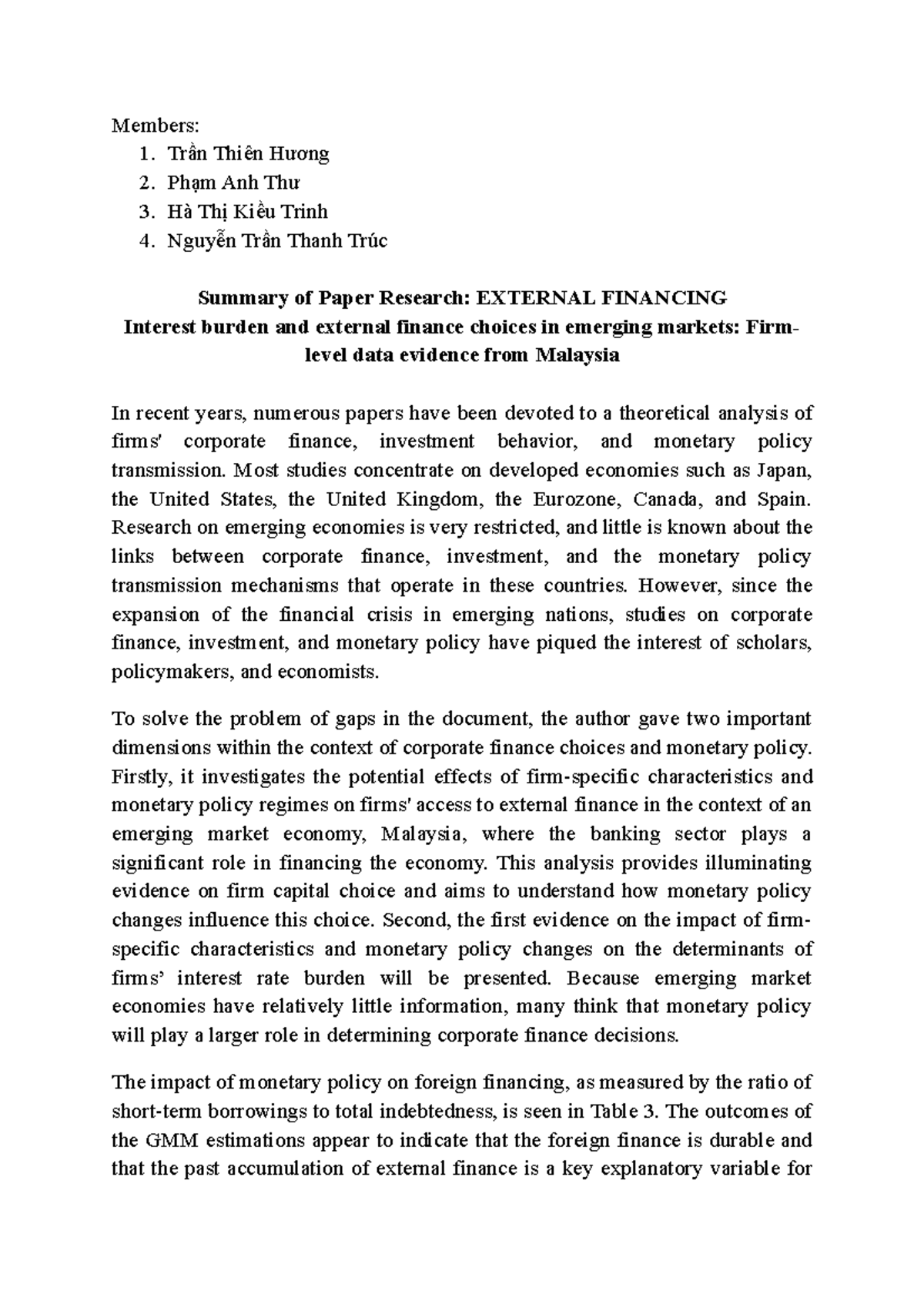 Summary of PR External Financing - Members: 1. Trần Thiên Hương 2. Phạm ...