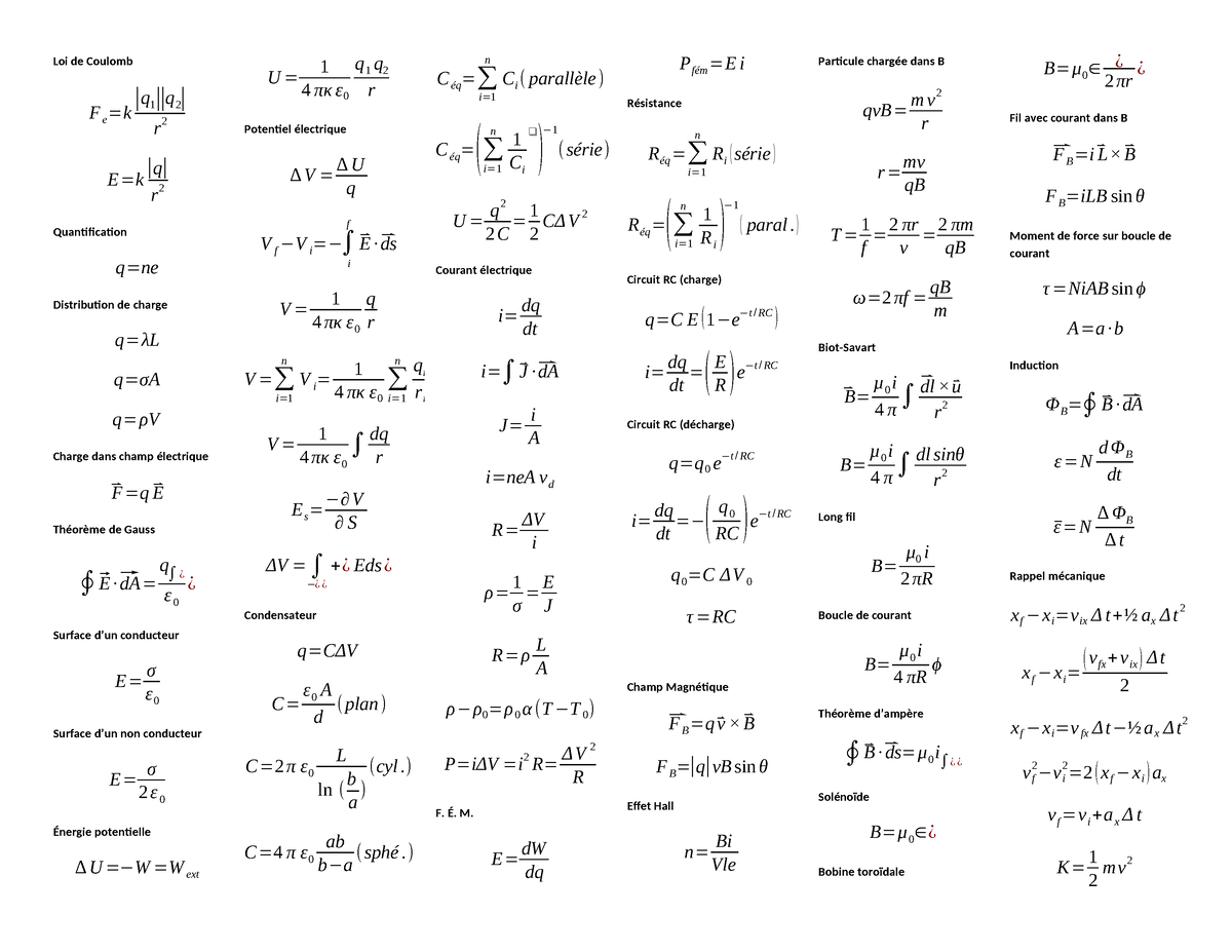 Feuille Formule Ex3nyb Cool Yeah Loi De Coulomb F E K Q 1 Q 2 R 2 Ek Q R 2 