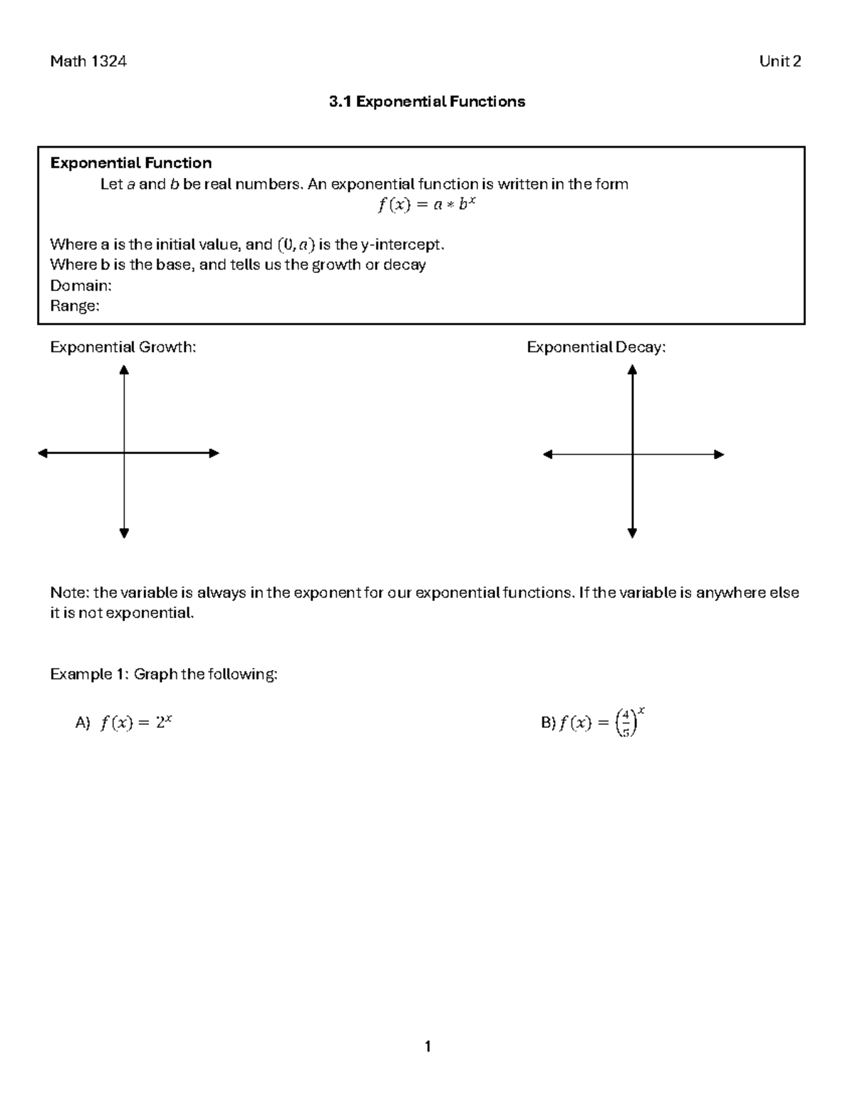 Math 1324- Unit 2 Notes - idk - 3 Exponential Functions Exponential ...