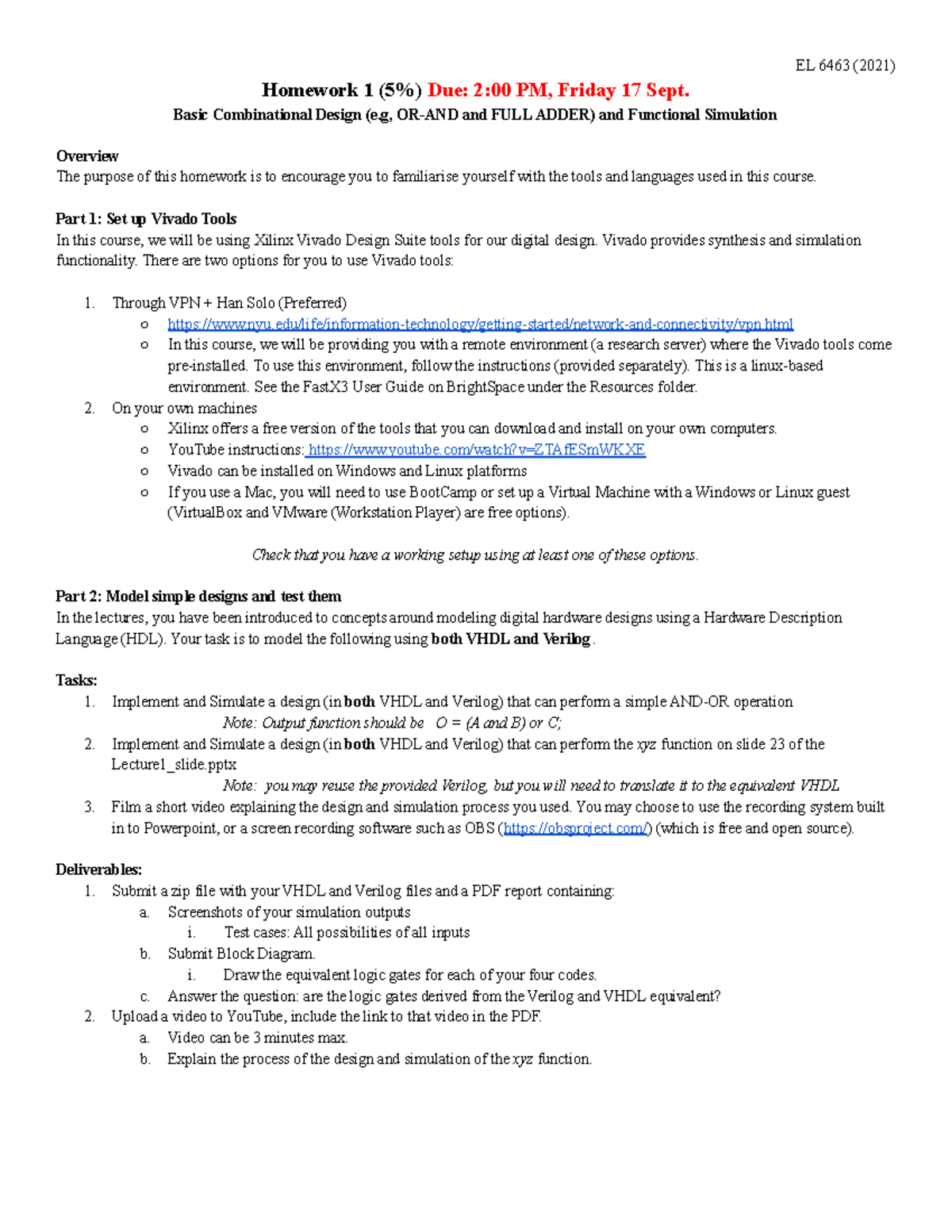 Homework 1 Simple Combinational - EL 6463 (2021) Homework 1 (5%)Due: 2: ...