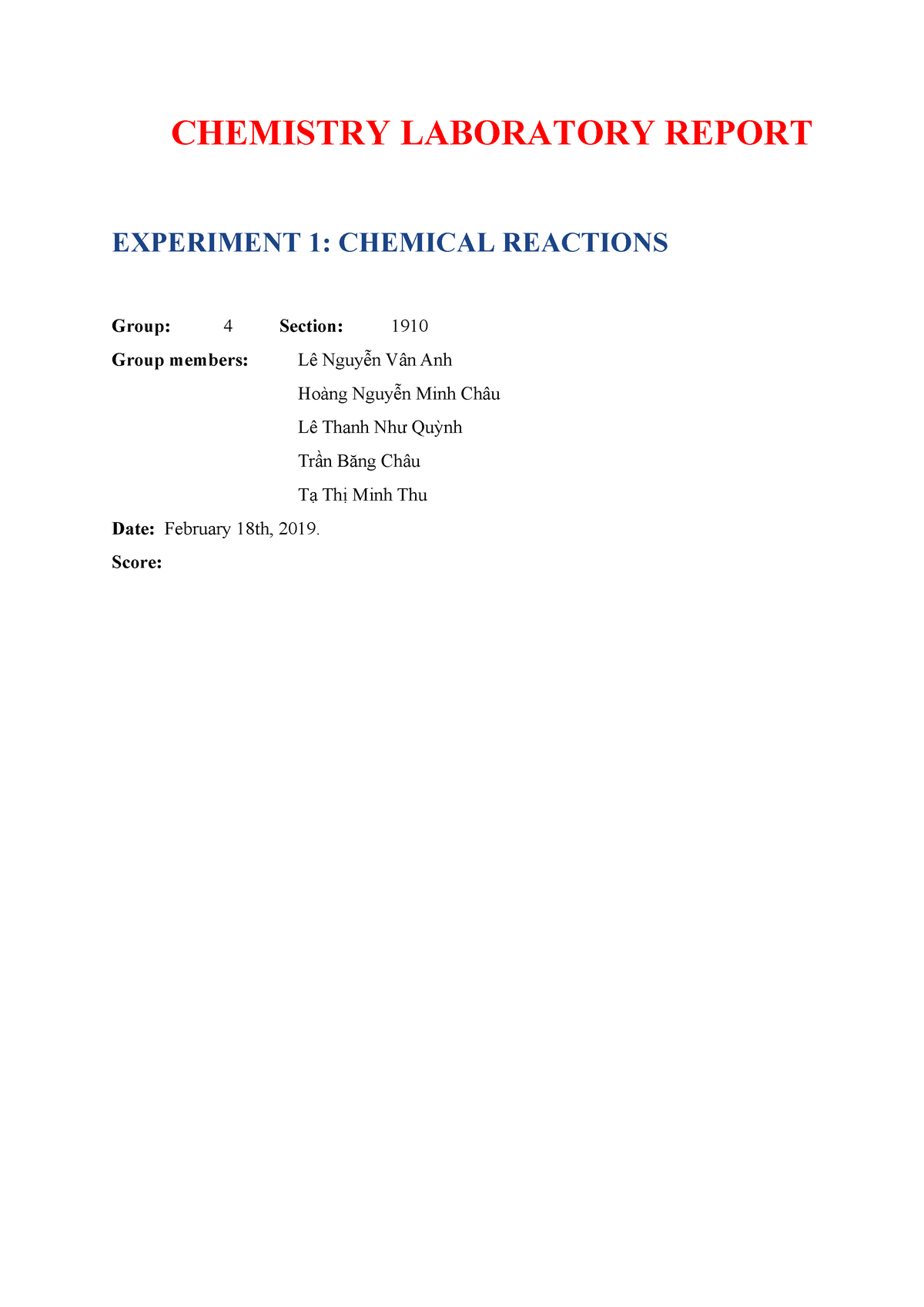 Chemistry Laboratory Report 1 CHEMISTRY LABORATORY REPORT EXPERIMENT 1 CHEMICAL REACTIONS