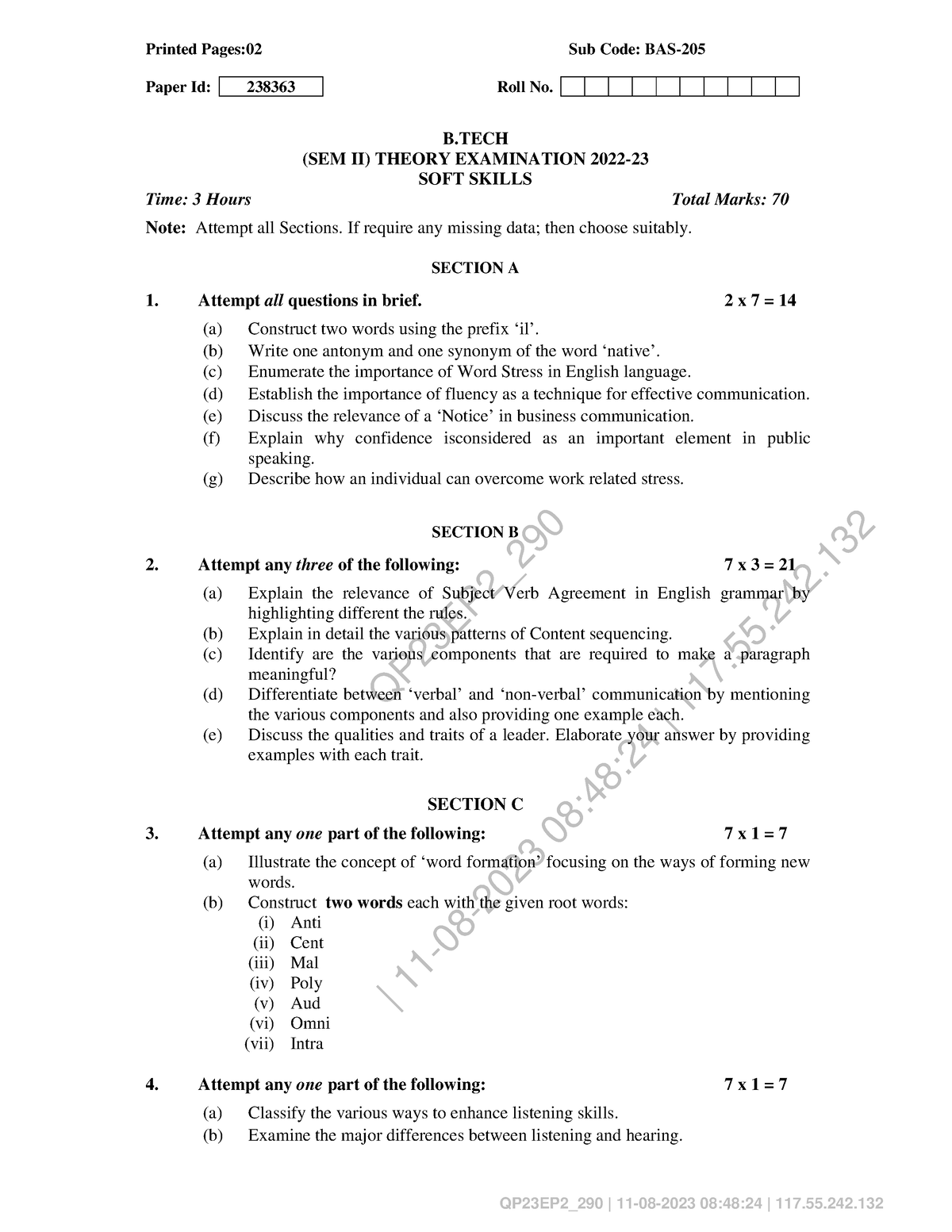 SOFT- Skills (BAS205) pervious question paper - QP23EP2_ | 11-08-2023 ...