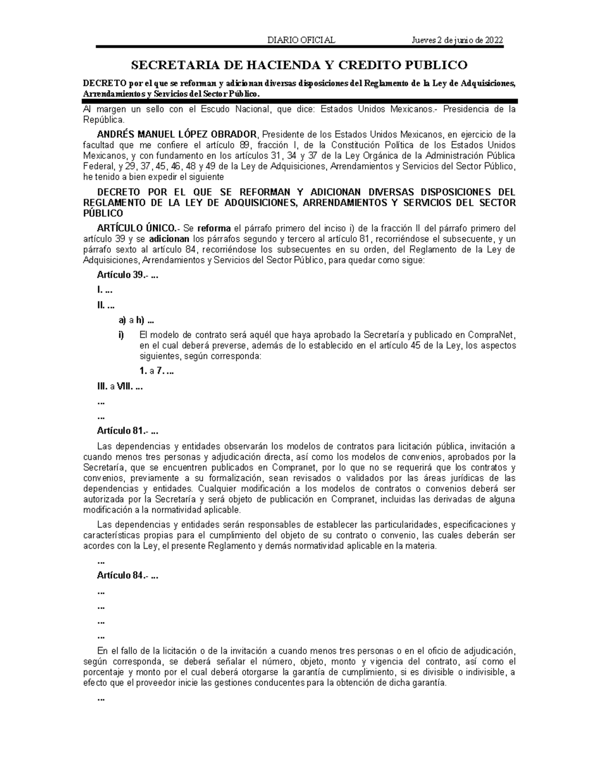 Decreto por el que se reforman y adicionan diversas disposiciones del ...