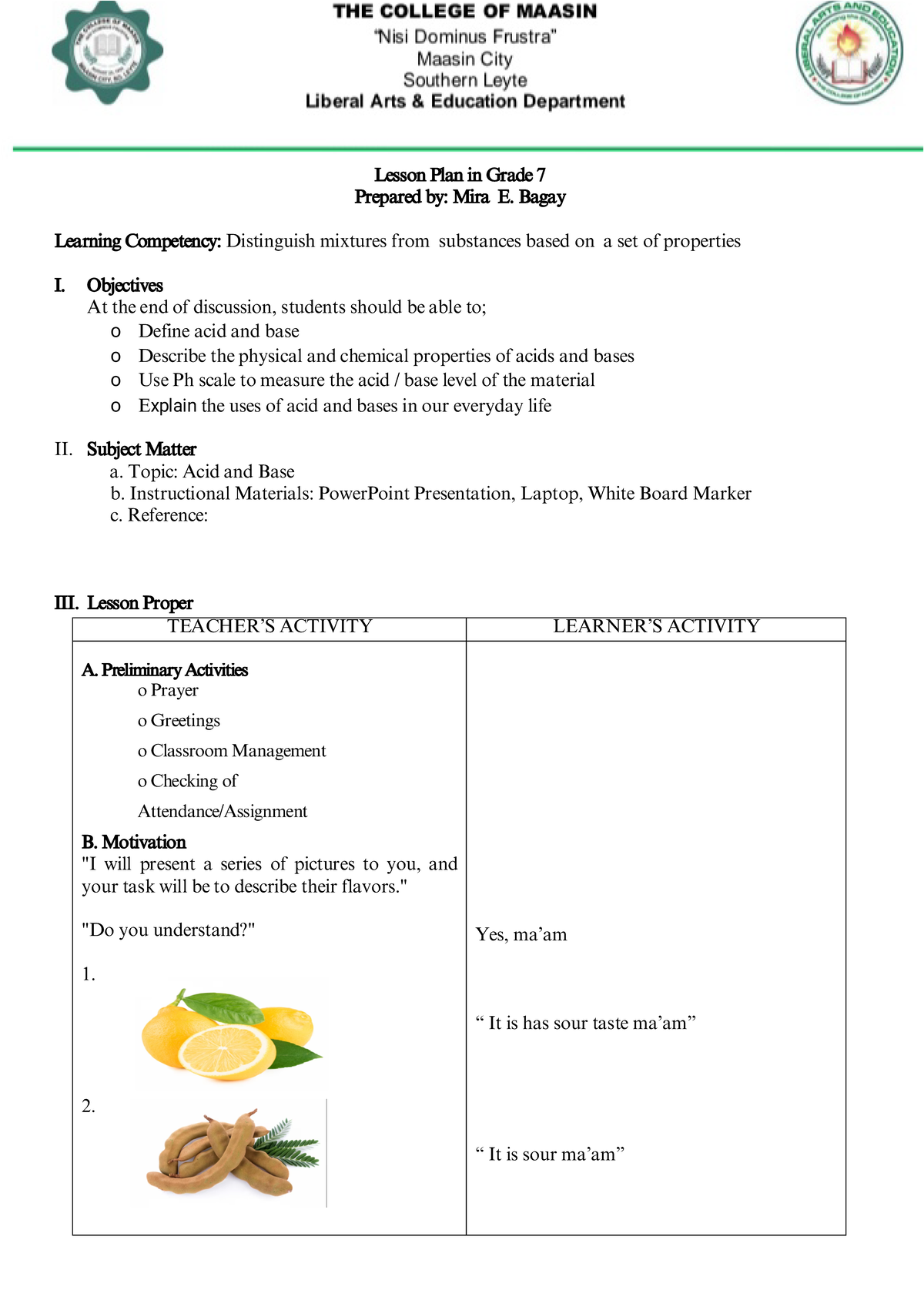 LP1-Grade-7-Acid and Base - Lesson Plan in Grade 7 Prepared by: Mira E ...