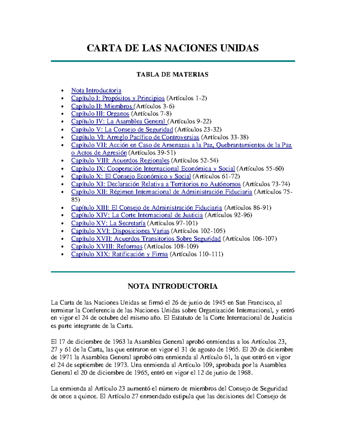 Carta Naciones Unidas Carta De Las Naciones Unidas Tabla De Materias