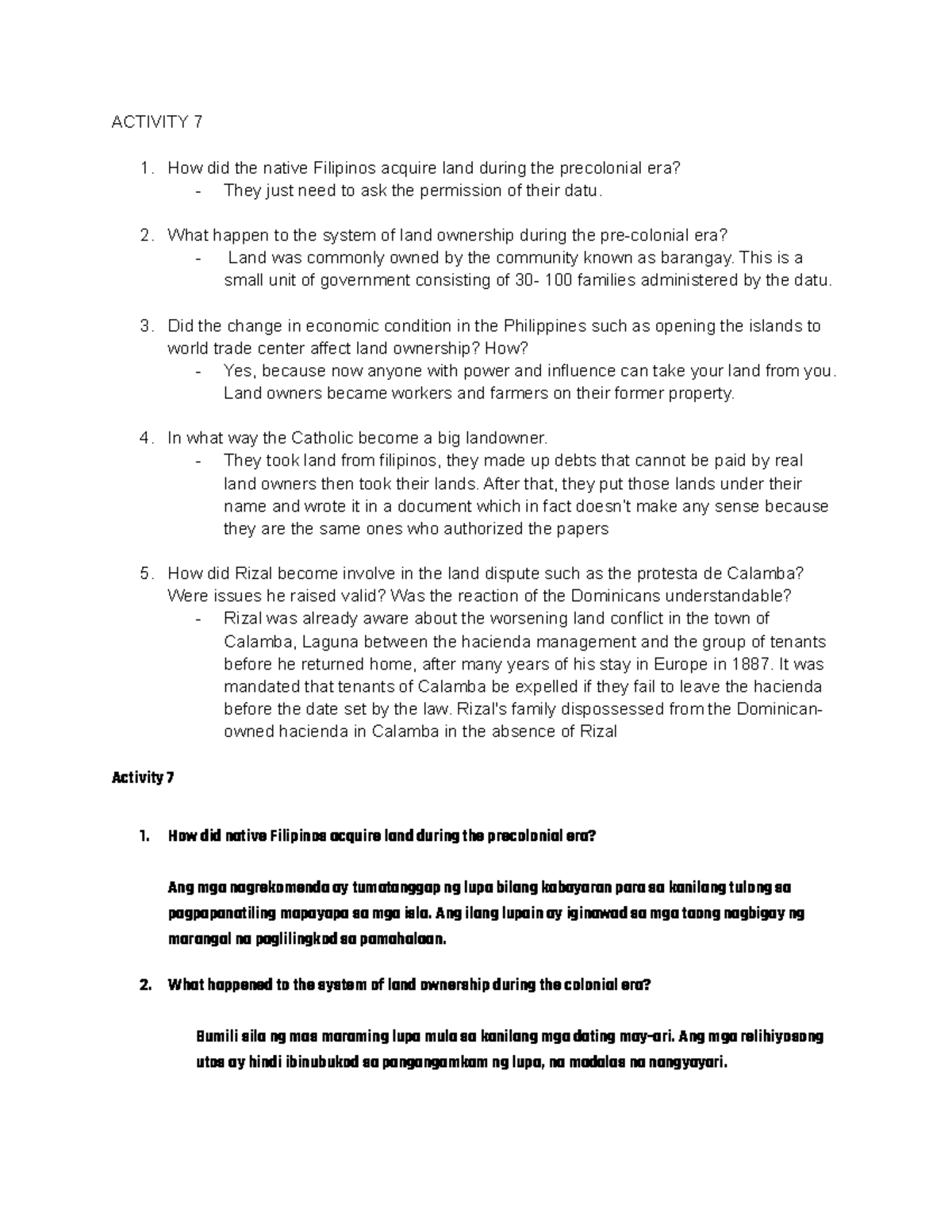 CX7 - Rizal-Chapter-7 - ACTIVITY 7 How did the native Filipinos acquire ...