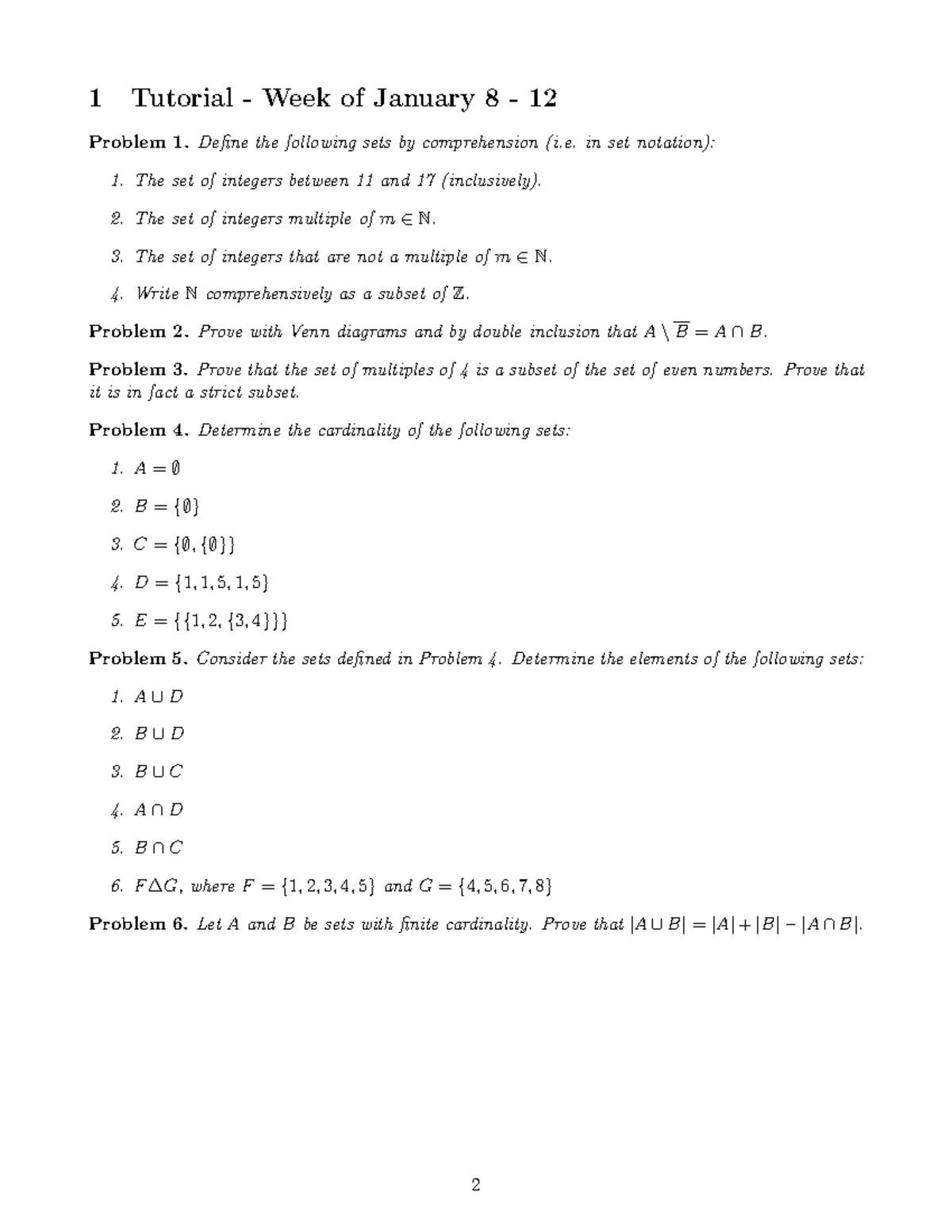 Tutorial 1 problems - 1 Tutorial - Week of January 8 - 12 Problem 1 ...