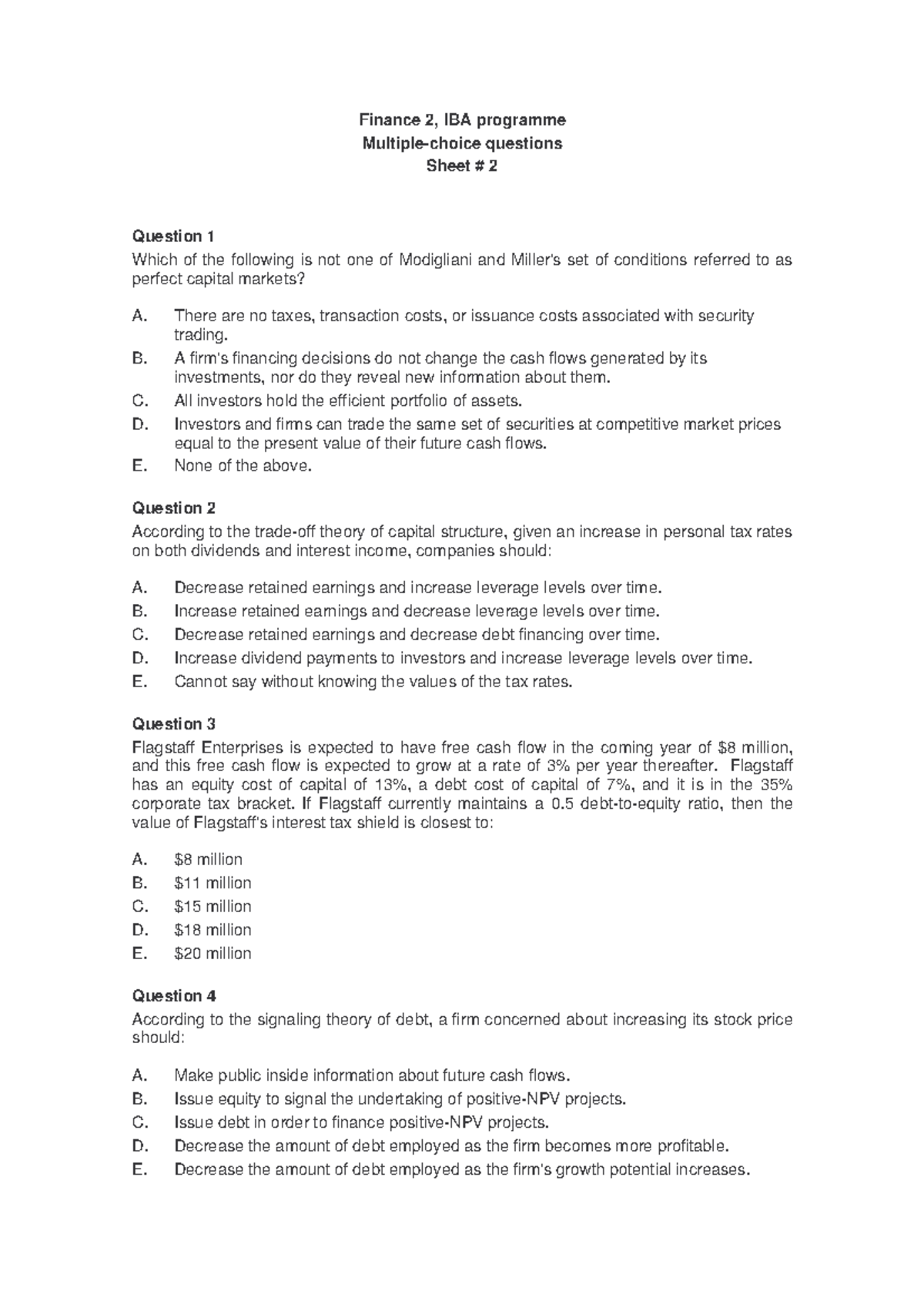 Finance Practice Questions - Finance 2, IBA Programme Multiple-choice ...