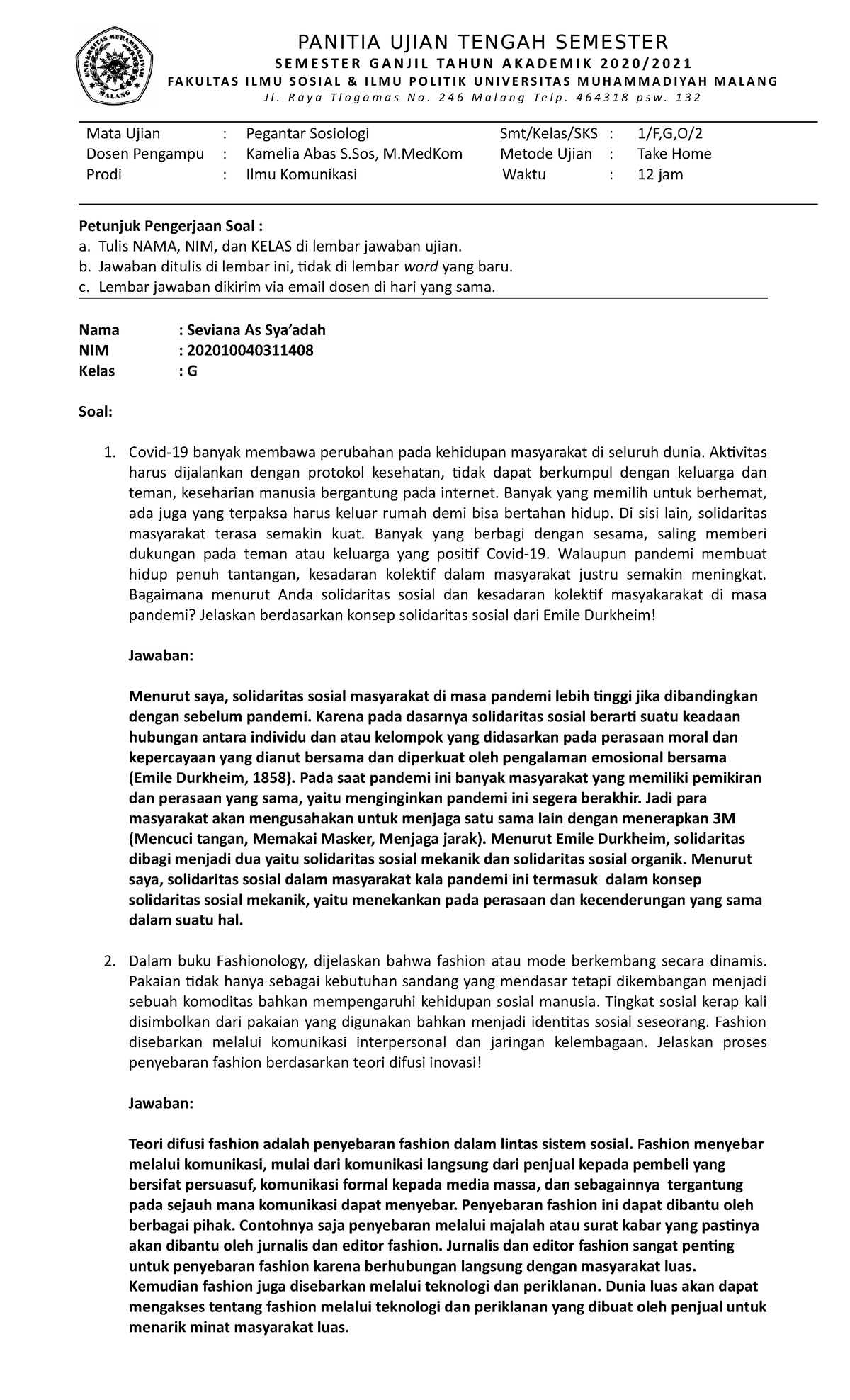 Soal Dan Jawaban UAS Sosiologi - Mata Ujian : Pegantar Sosiologi Smt ...