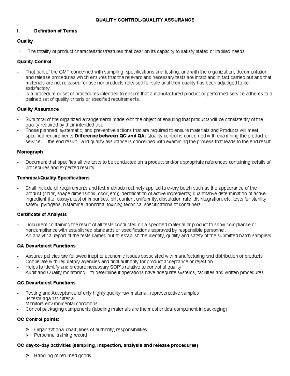 Engine Handout 212 - QUALITY CONTROL/QUALITY ASSURANCE I. Definition of ...