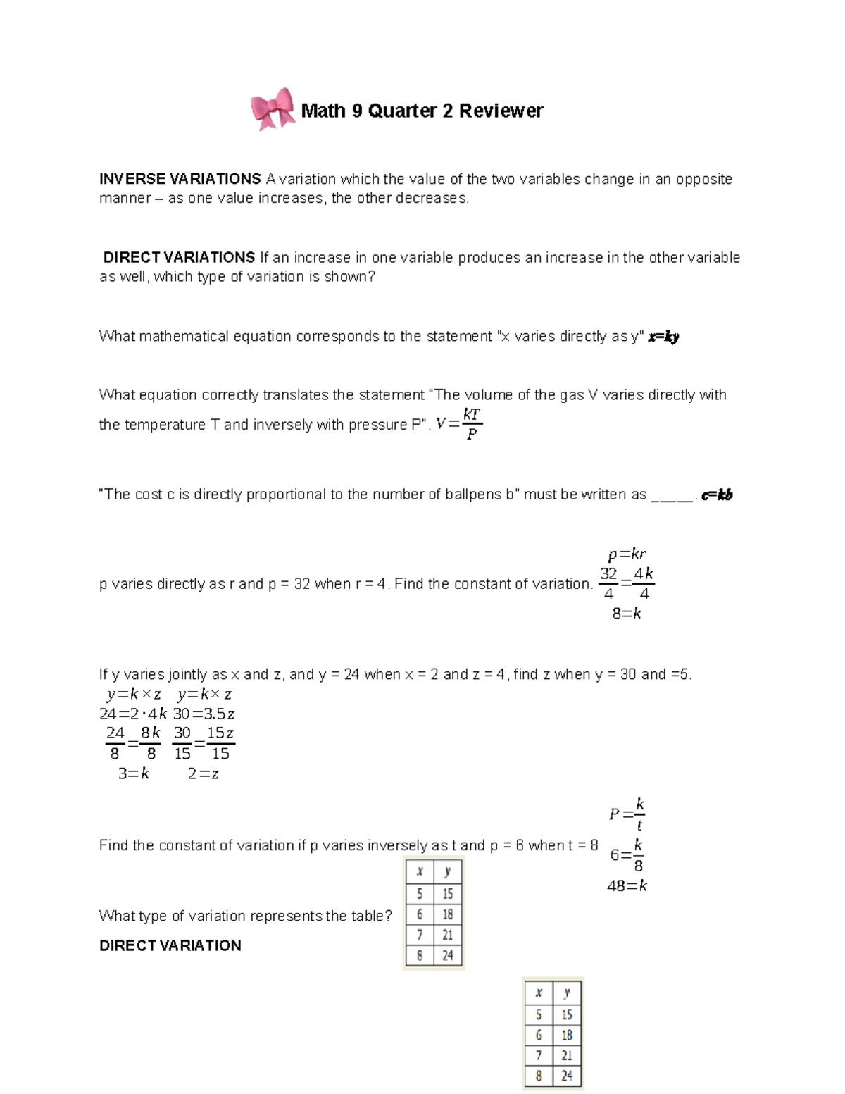 700578275 Math 9 Quarter 2 Reviewer - Math 9 Quarter 2 Reviewer INVERSE ...