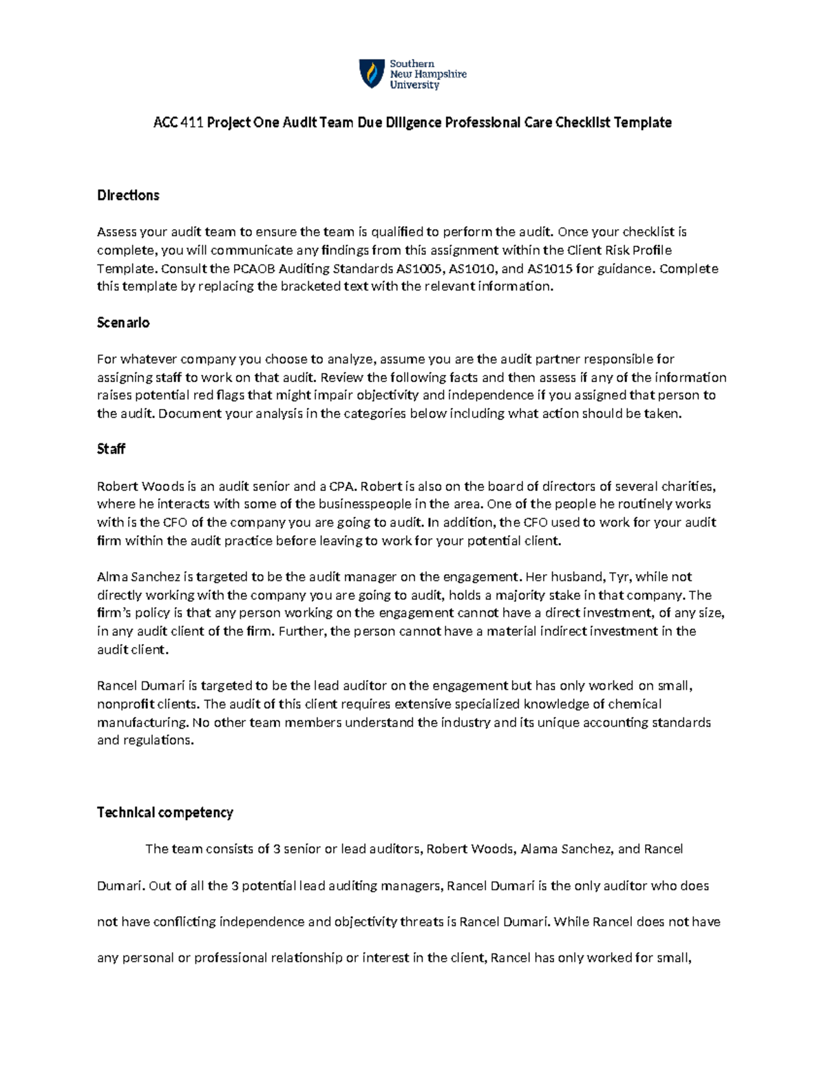 ACC 411 Project One Audit Team Due Diligence Professional Care ...