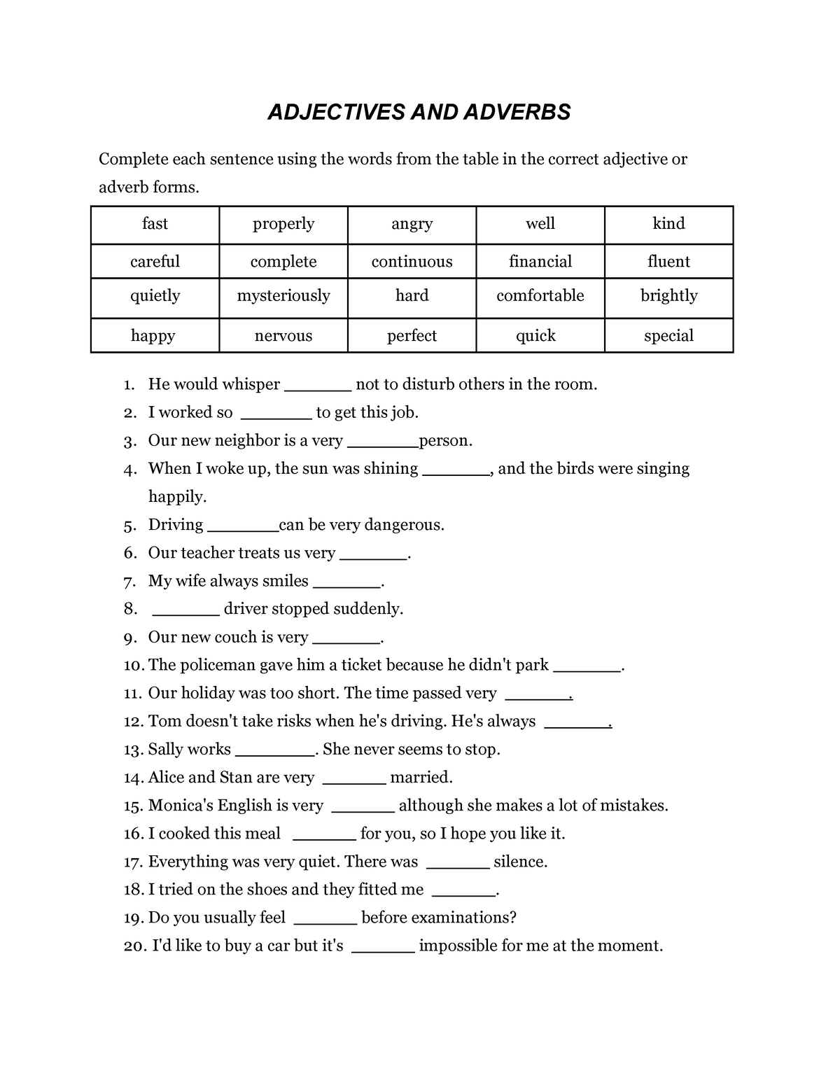 Adjectives AND Adverbs - ADJECTIVES AND ADVERBS Complete each sentence ...