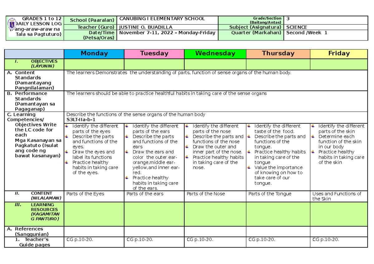 Q2 W1 G3SCI - DLL - GRADES 1 to 12 DAILY LESSON LOG (Pang-araw-araw na ...