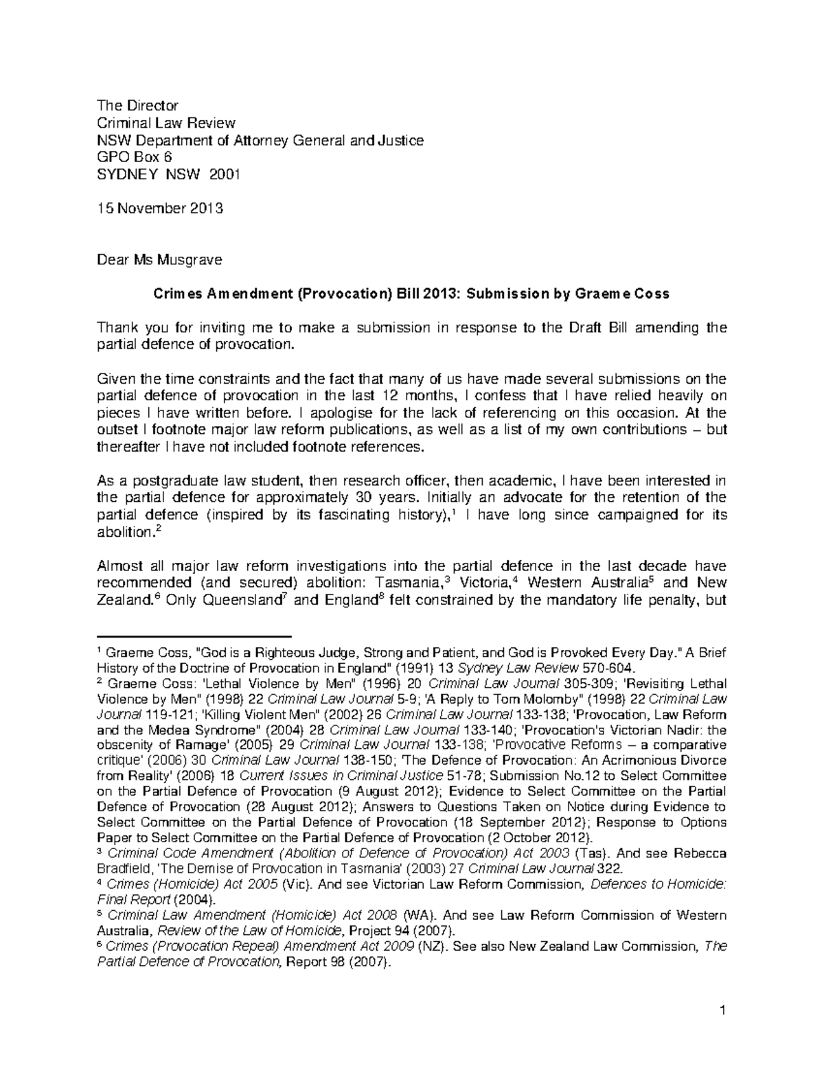 Graeme Coss Summary Submission - The Director Criminal Law Review NSW ...