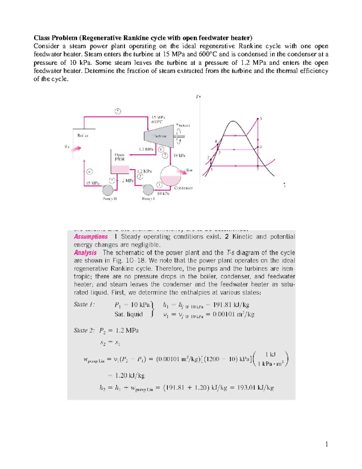 Applied Fluids and Thermodynamics Class Problem: Regenerative Rankine ...