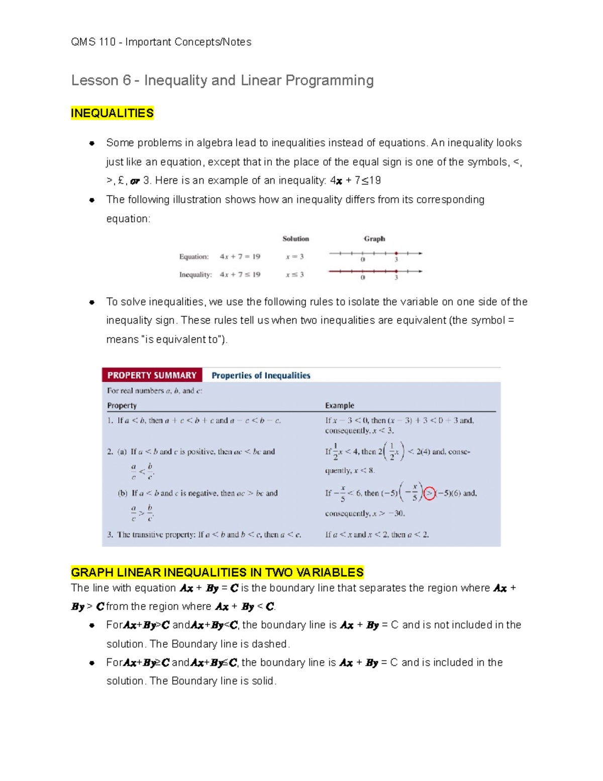 QMS 110 Lesson 6-8 - Business Math Notes - Lesson 6 - Inequality and ...