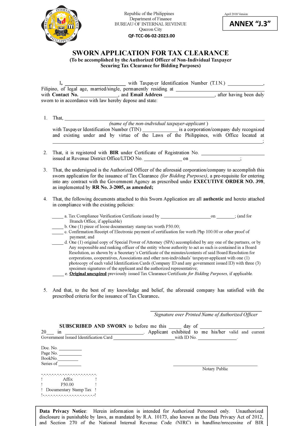 Sworn Application FOR TAX Clearance FOR Bidding Purposes NON ...