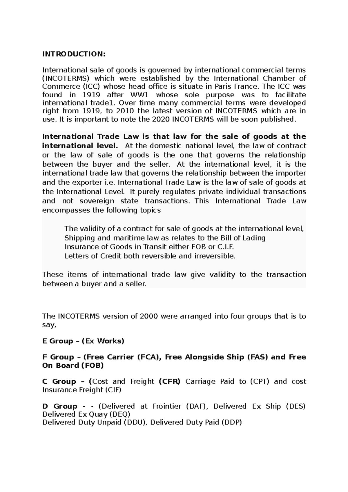 C International Trade - INTRODUCTION: International sale of goods is ...