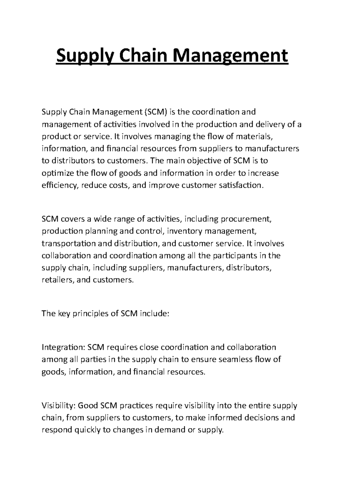 Supply Chain Management notes Supply Chain Management Supply Chain Management (SCM) is the