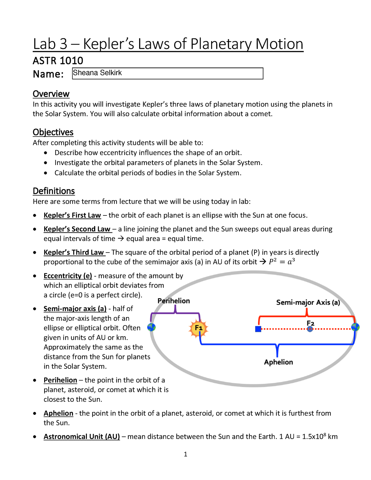 Astr 1010k Keplers Laws Lab Lab 3 Keplers Laws Of Planetary Motion Astr 1010 Name Overview 8723