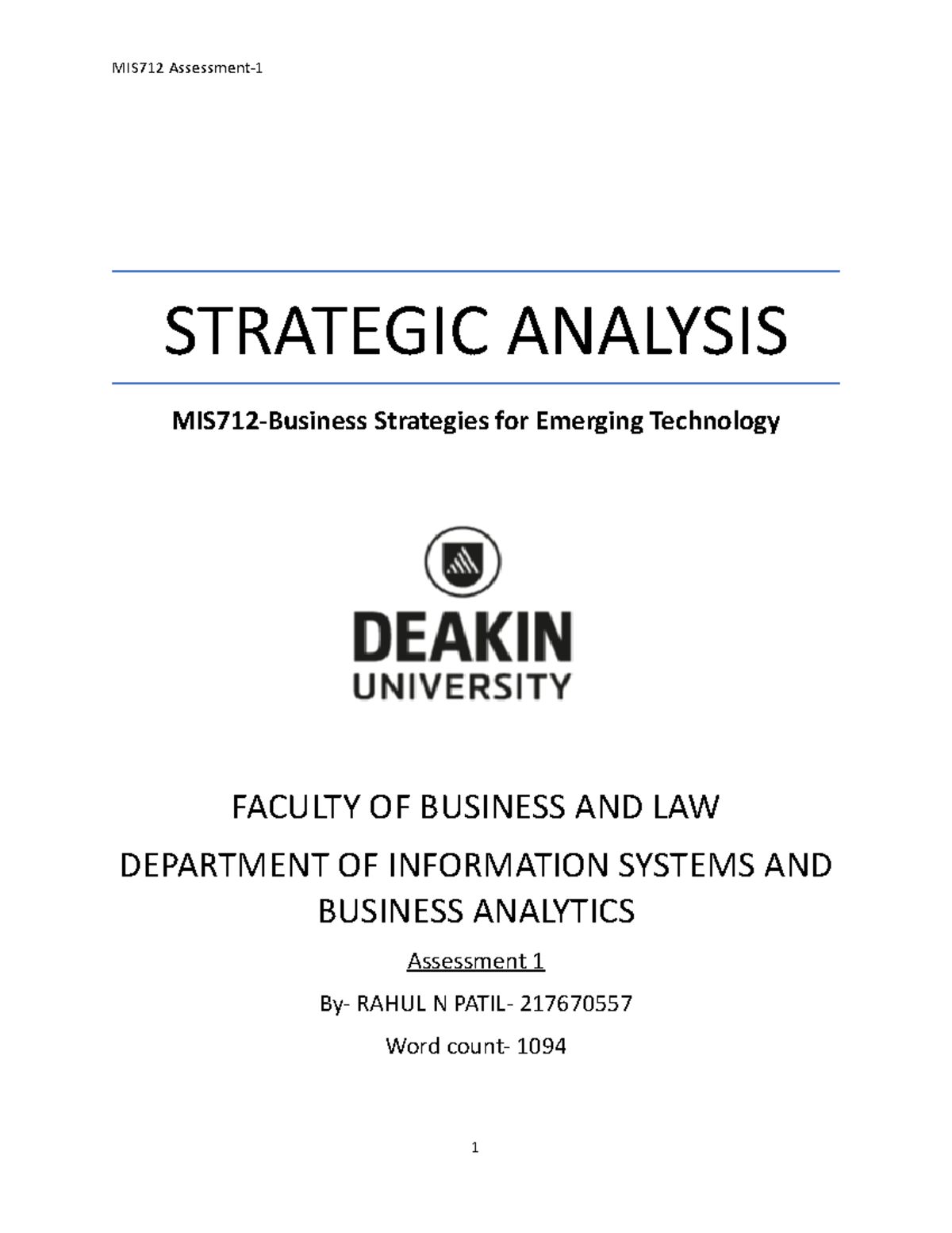 T1 2019 MIS712 P Assign 1 - STRATEGIC ANALYSIS MIS712-Business ...