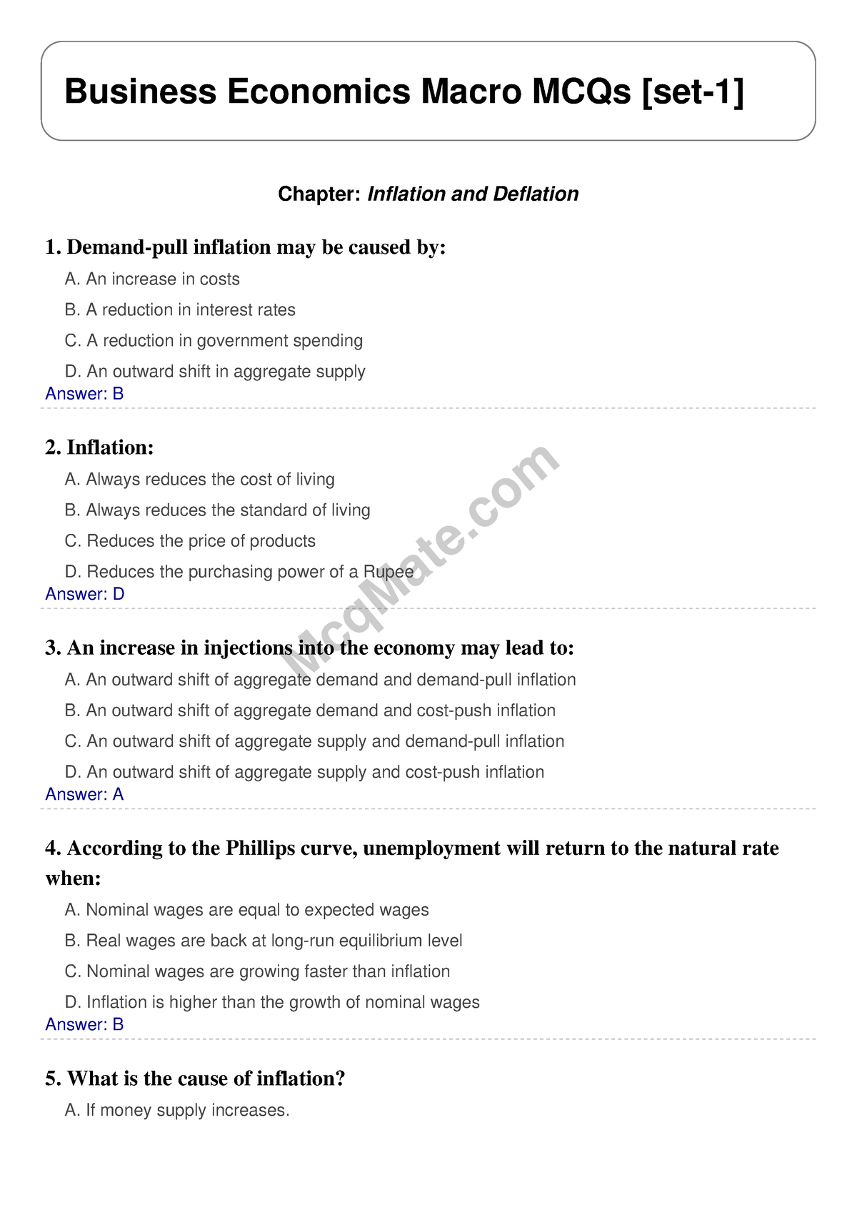 Business Economics Macro (Chapter- Inflation And Deflation) Solved MCQs ...