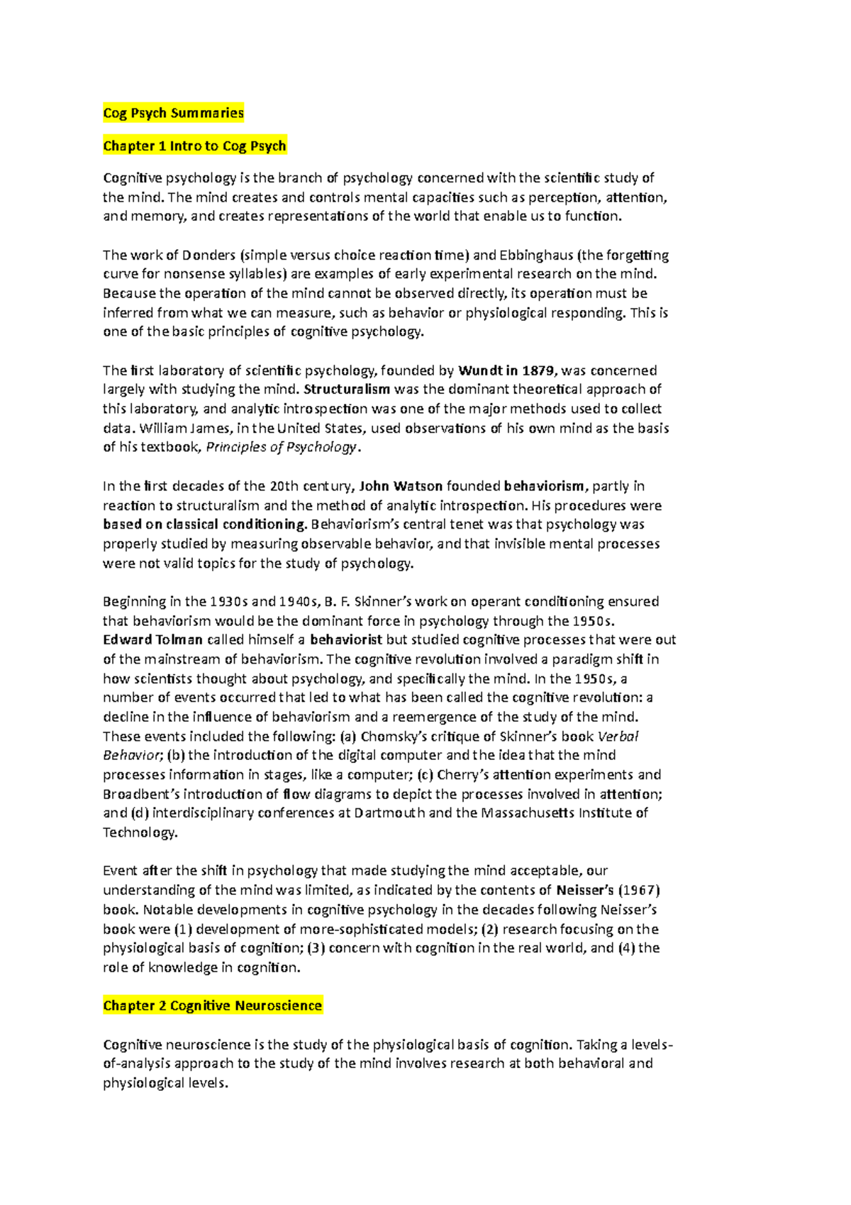 Cogpsych Summaries - exam notes - Cog Psych Summaries Chapter 1 Intro ...
