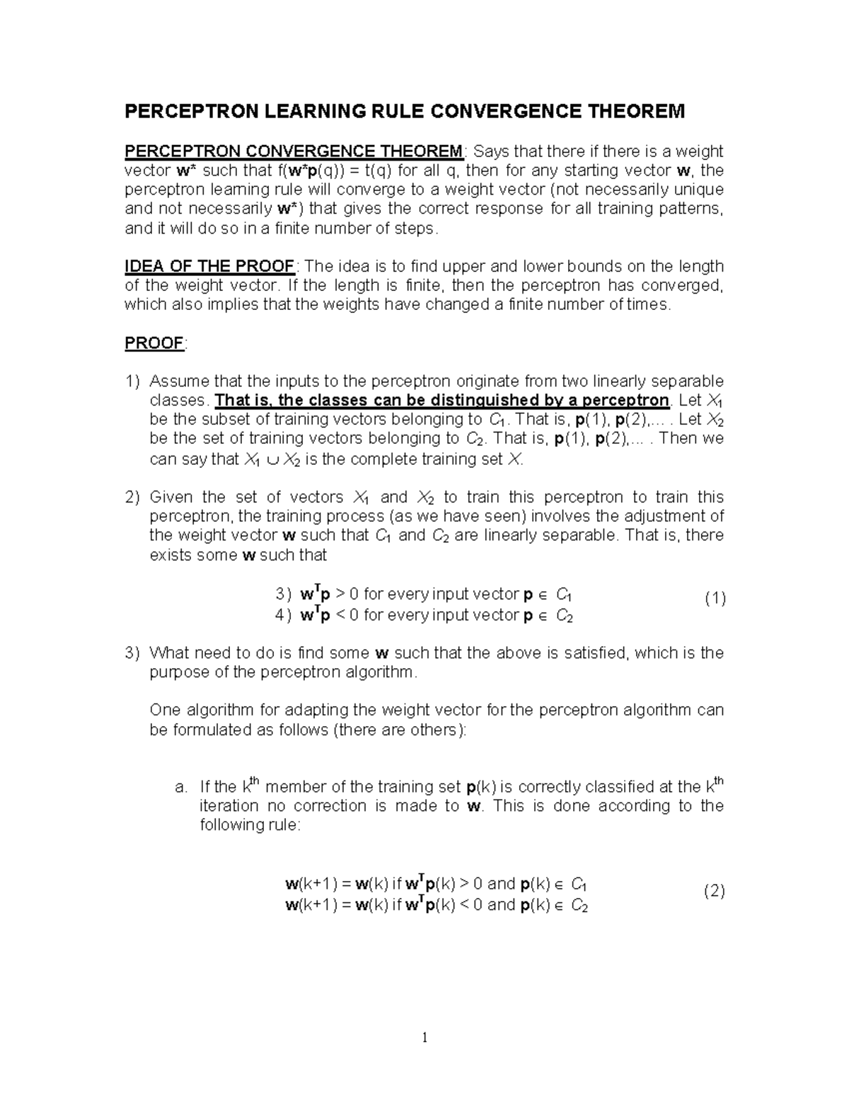 Percept Conv Proof - Ann - PERCEPTRON LEARNING RULE CONVERGENCE THEOREM ...