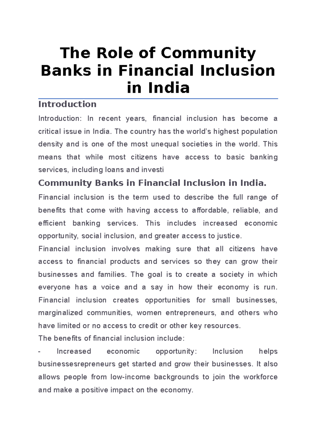 The Role of Community Banks in Financial Inclusion in India - The Role ...