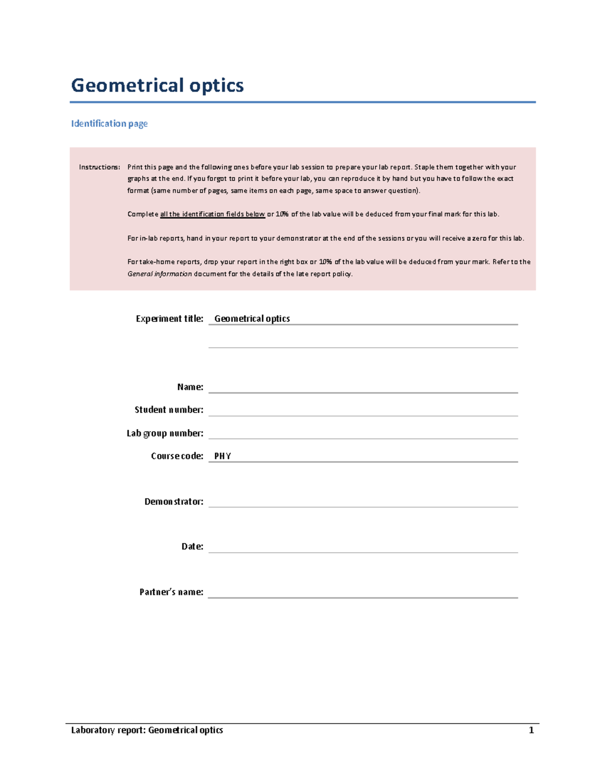 Geometrical optics report Geometrical optics Identification page