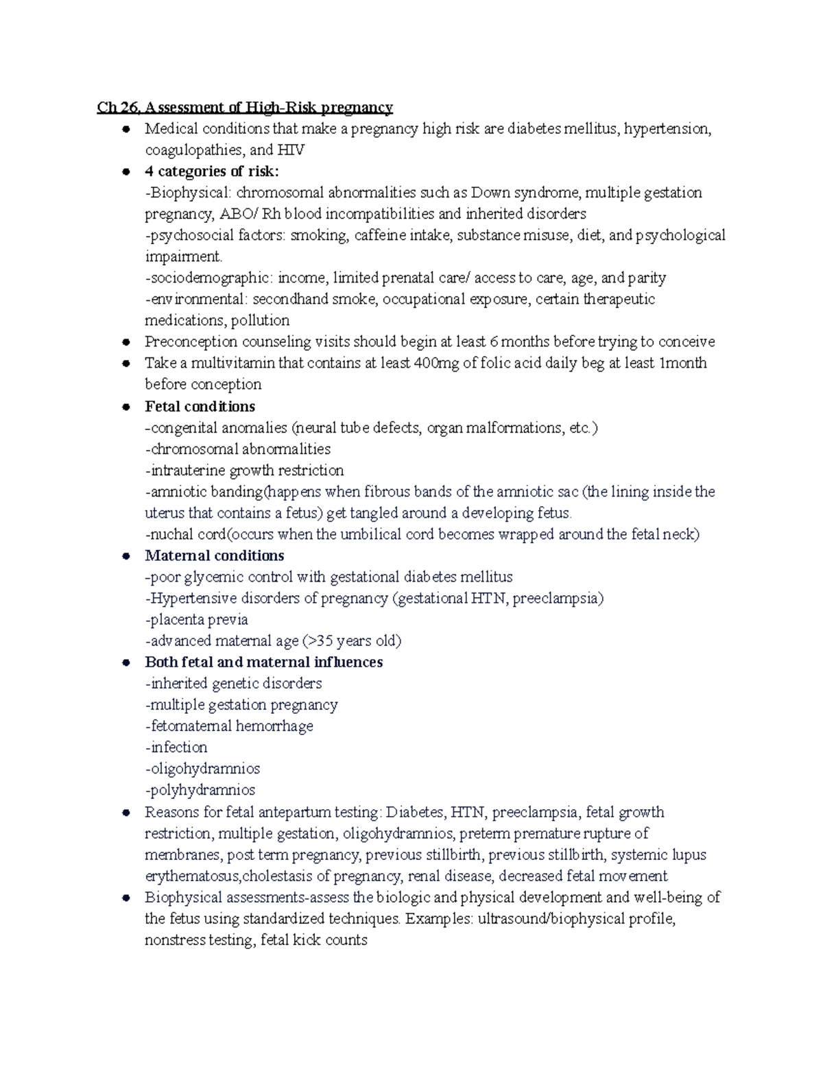 OB notes - Ch 26, Assessment of High-Risk pregnancy Medical conditions ...