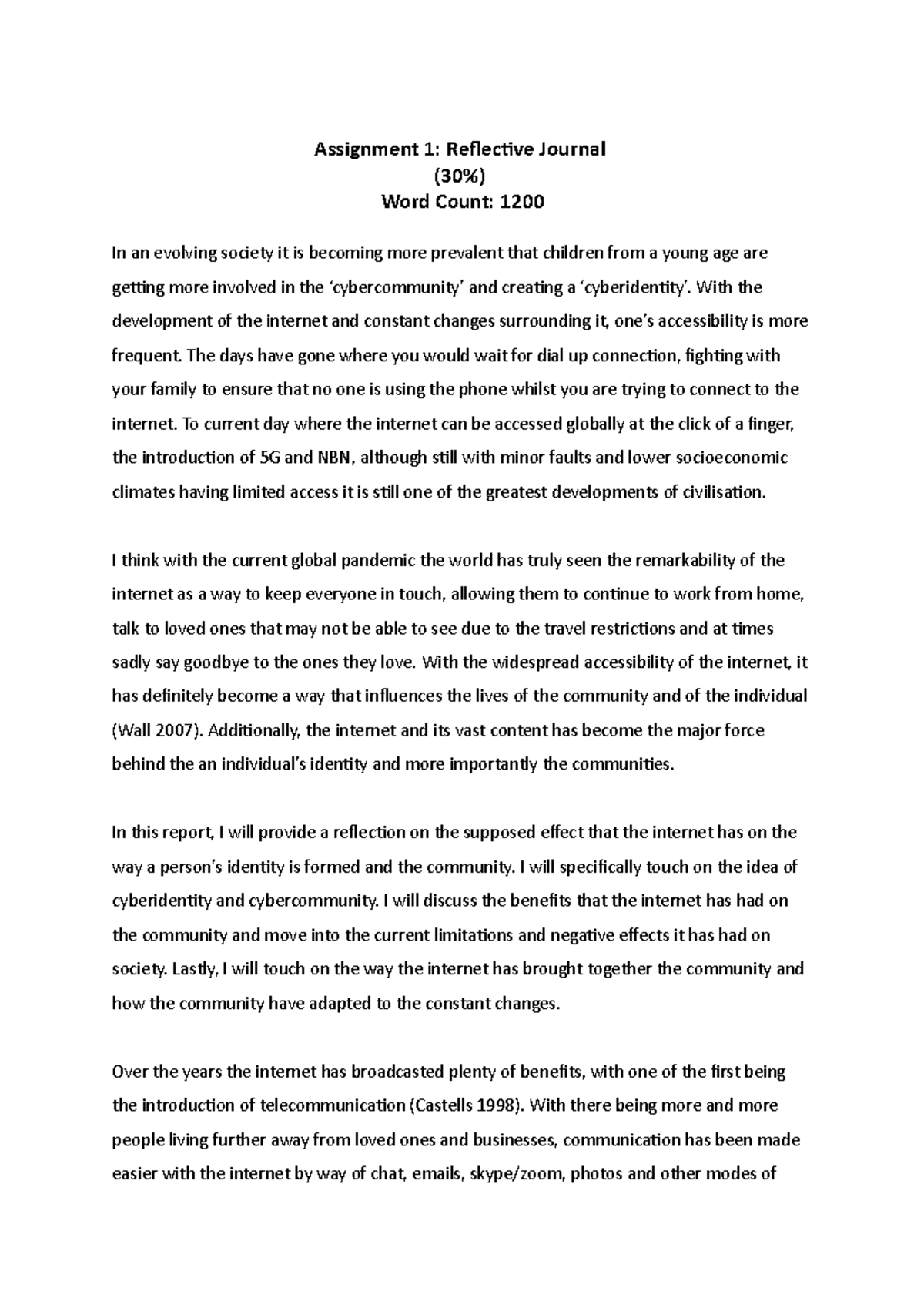 Assignment 1 - D grade received - Assignment 1: Relecive Journal (30% ...