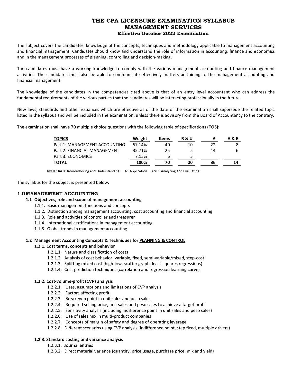 Cpale Syllabus and TOS for MS THE CPA LICENSURE EXAMINATION SYLLABUS