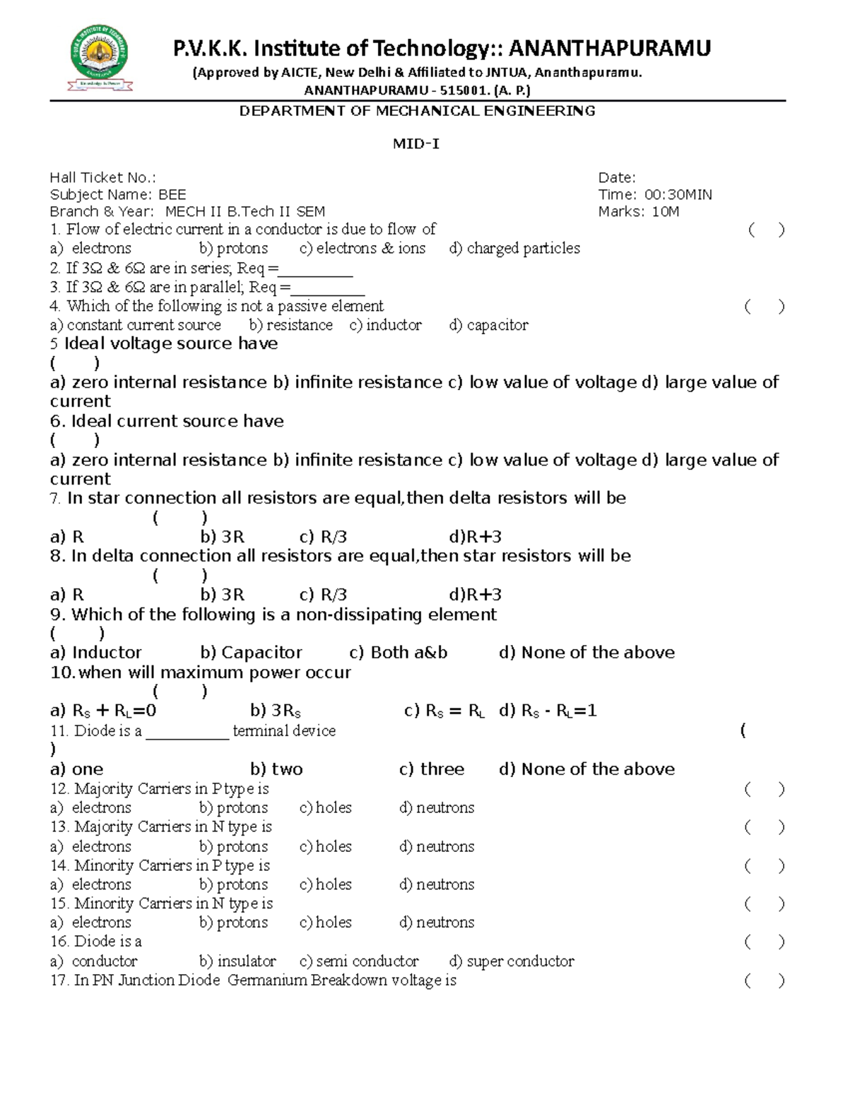 Exam 10 October 2018, questions and answers - P.V.K. Institute of ...