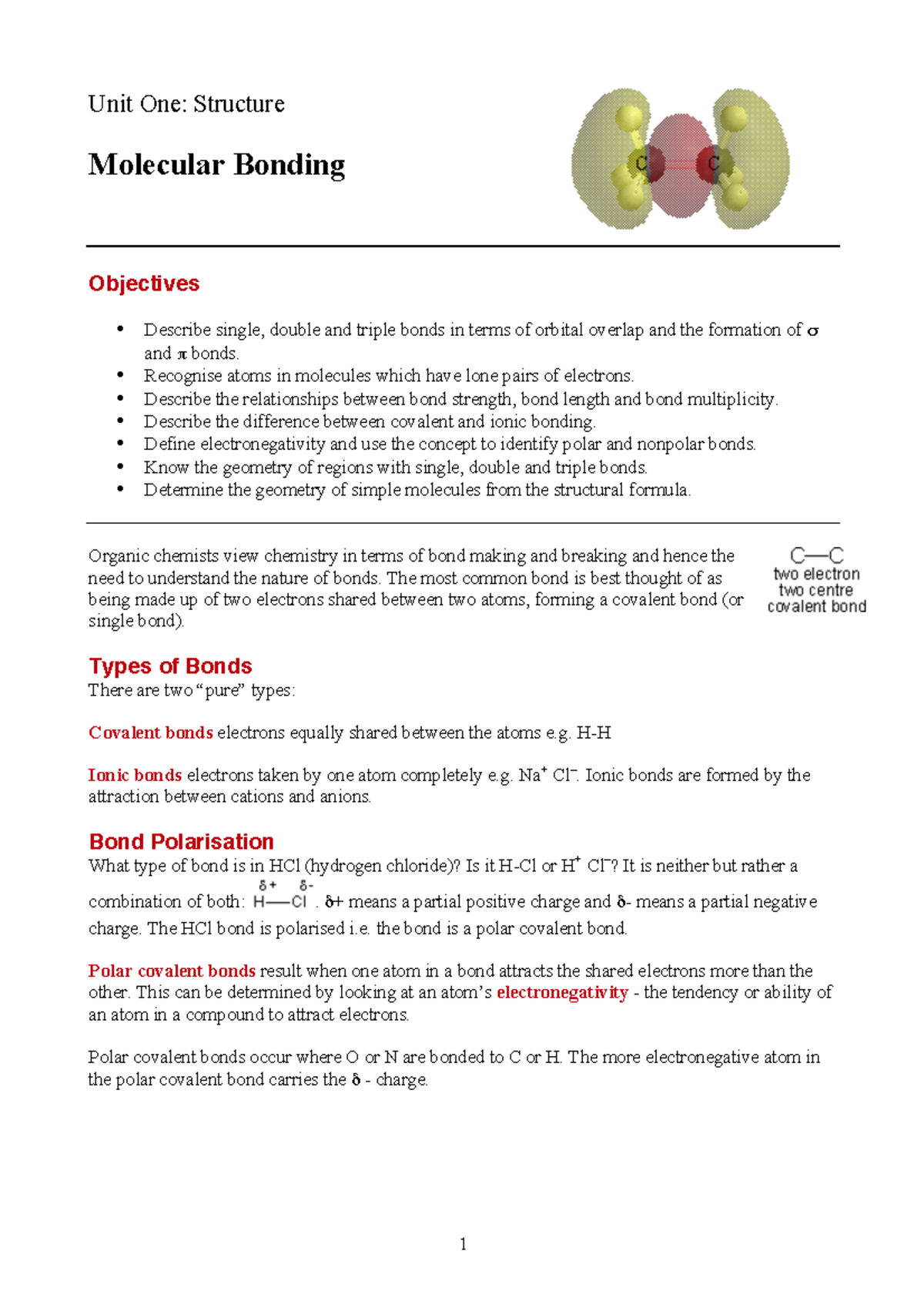 U1P3-Bonding - Lecture notes 2 - Unit One: Structure Molecular Bonding  Objectives Describe single, - StuDocu