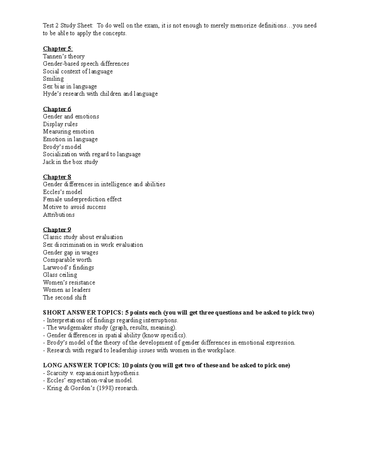 Test 2 Study Sheet Psy 3310 Psychology Of Women Uhd