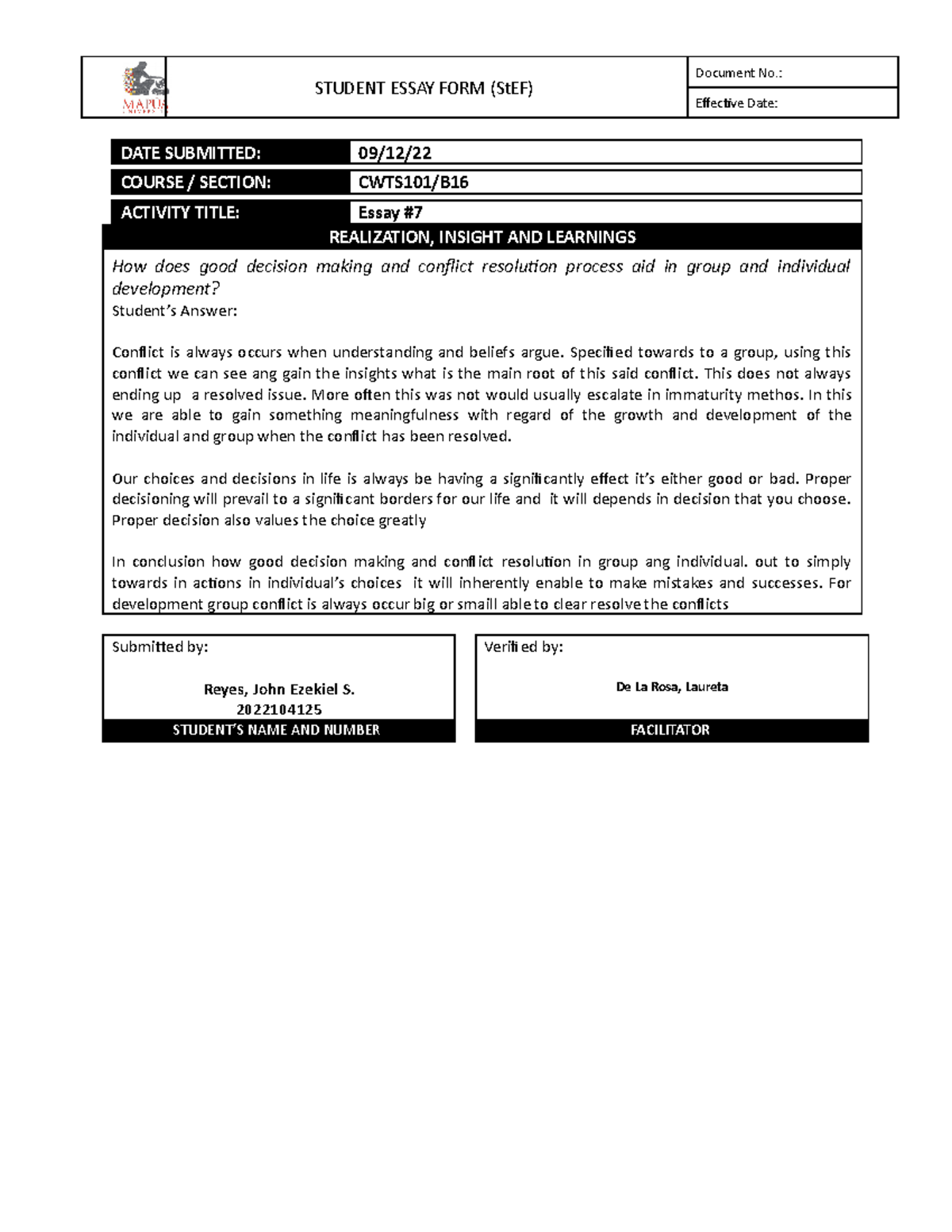 Form CWTS101 Essay 5 STUDENT ESSAY FORM (StEF) Document No