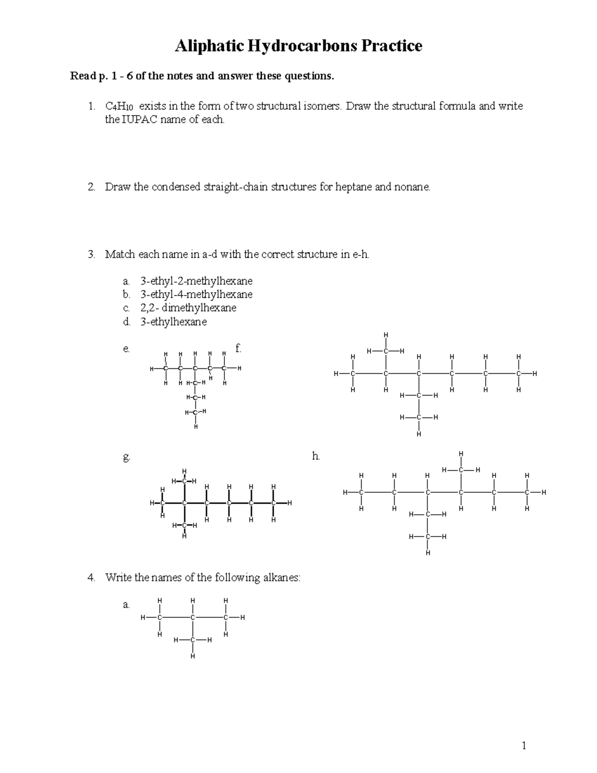 Organic Chemistry Practice - Aliphatic Hydrocarbons Practice Read p. 1 ...