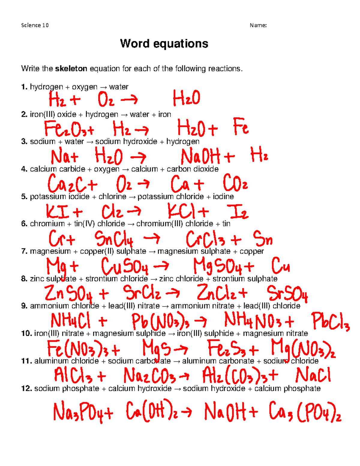 Chemical-equations-key - Science 10 Name: Word equations Write the ...