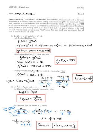 Exam 1 Answers Precalc - Exam 1A Exam 1B 1 E C 2 D B 3 B D 4 A D 5 3 2 ...