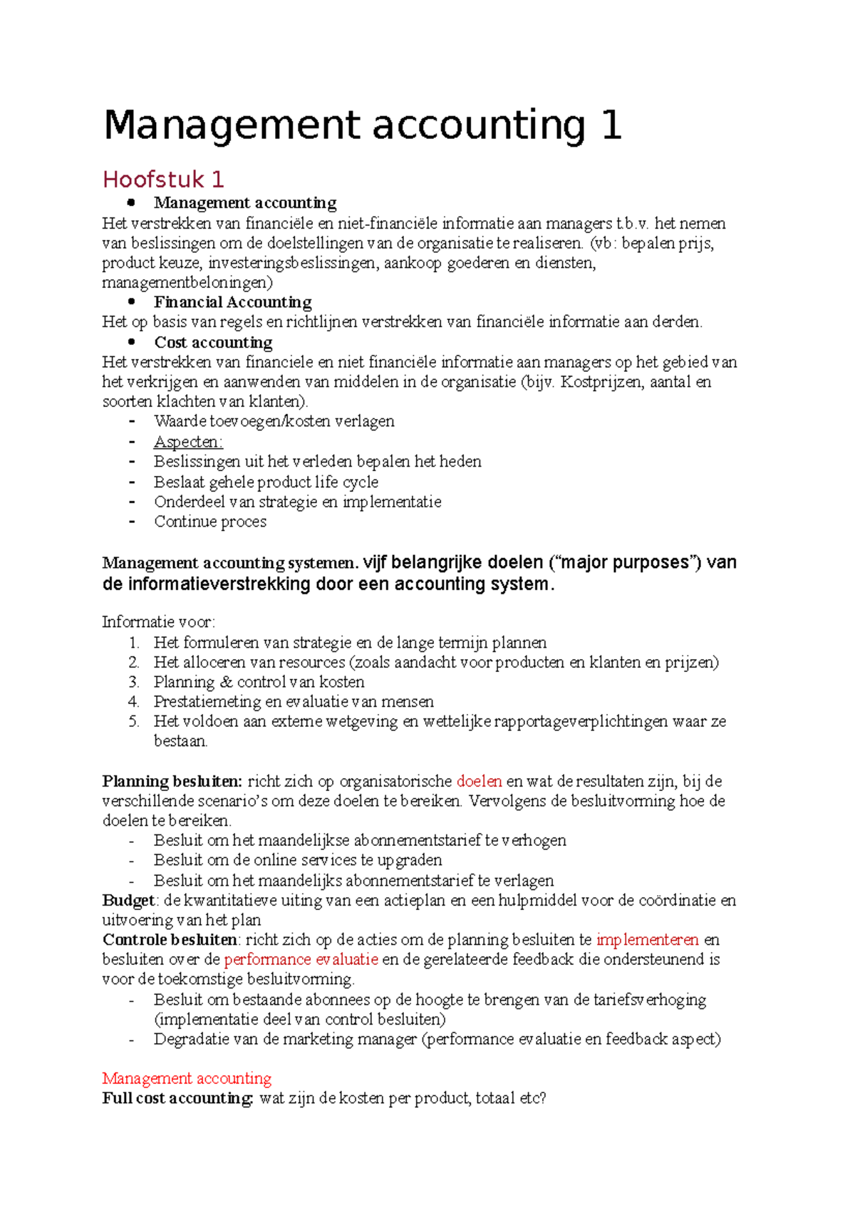 Samenvatting Sheets - Management Accounting 1 Hoofstuk 1 Management ...