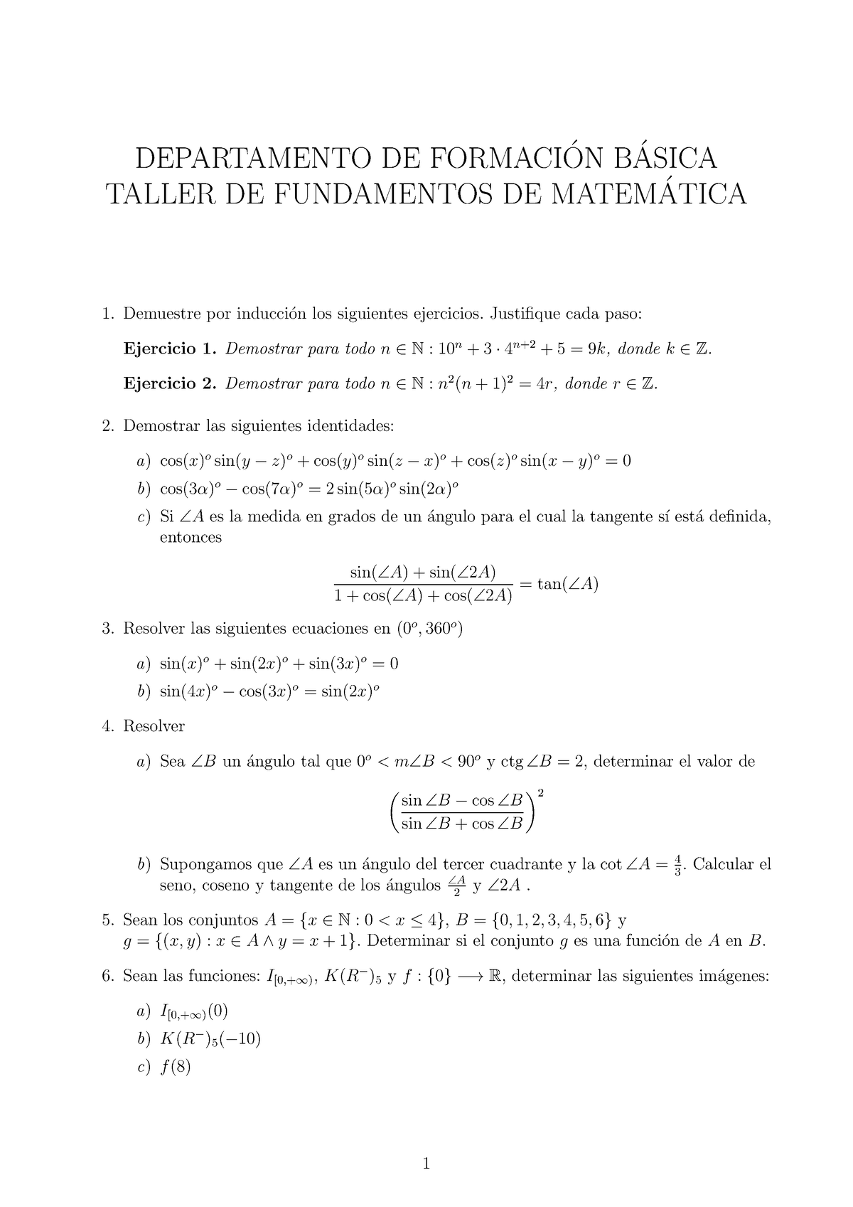 Ejercicios Matematicas - DEPARTAMENTO DE FORMACI ́ON B ́ASICA TALLER DE ...