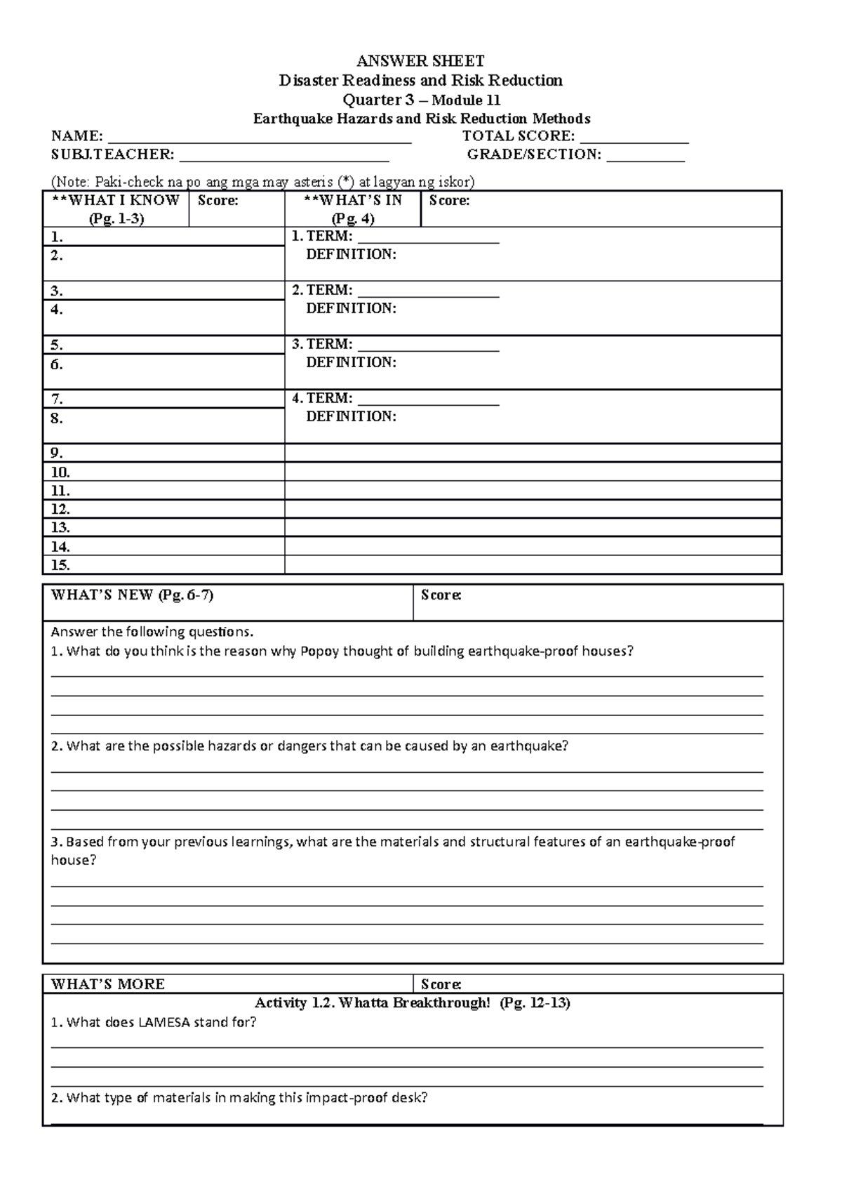 Answer Sheet DRRR Q3 M11 - ANSWER SHEET Disaster Readiness and Risk ...