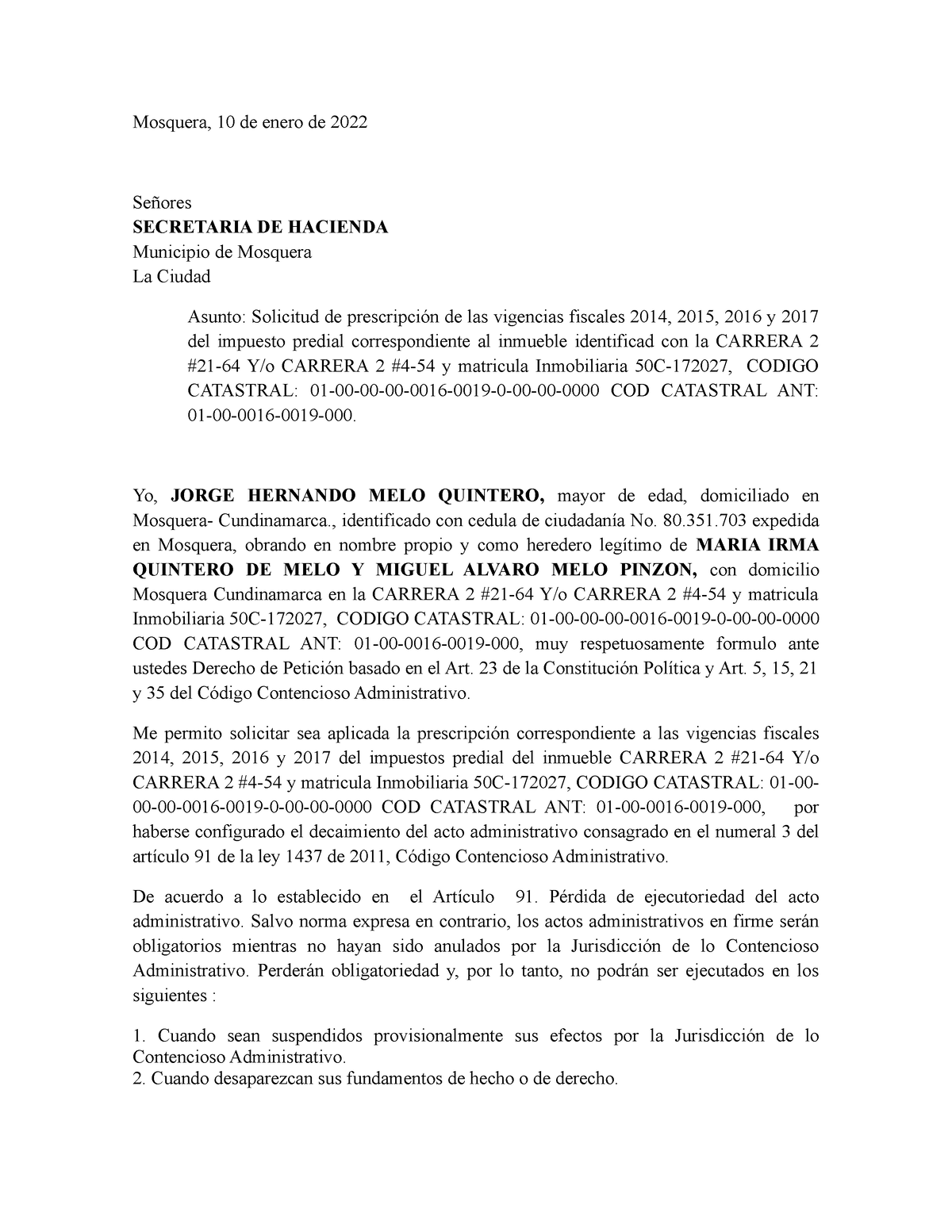 Carta De Solicitud Impuesto Predial Mosquera 10 De Enero De 2022 Señores Secretaria De 1659