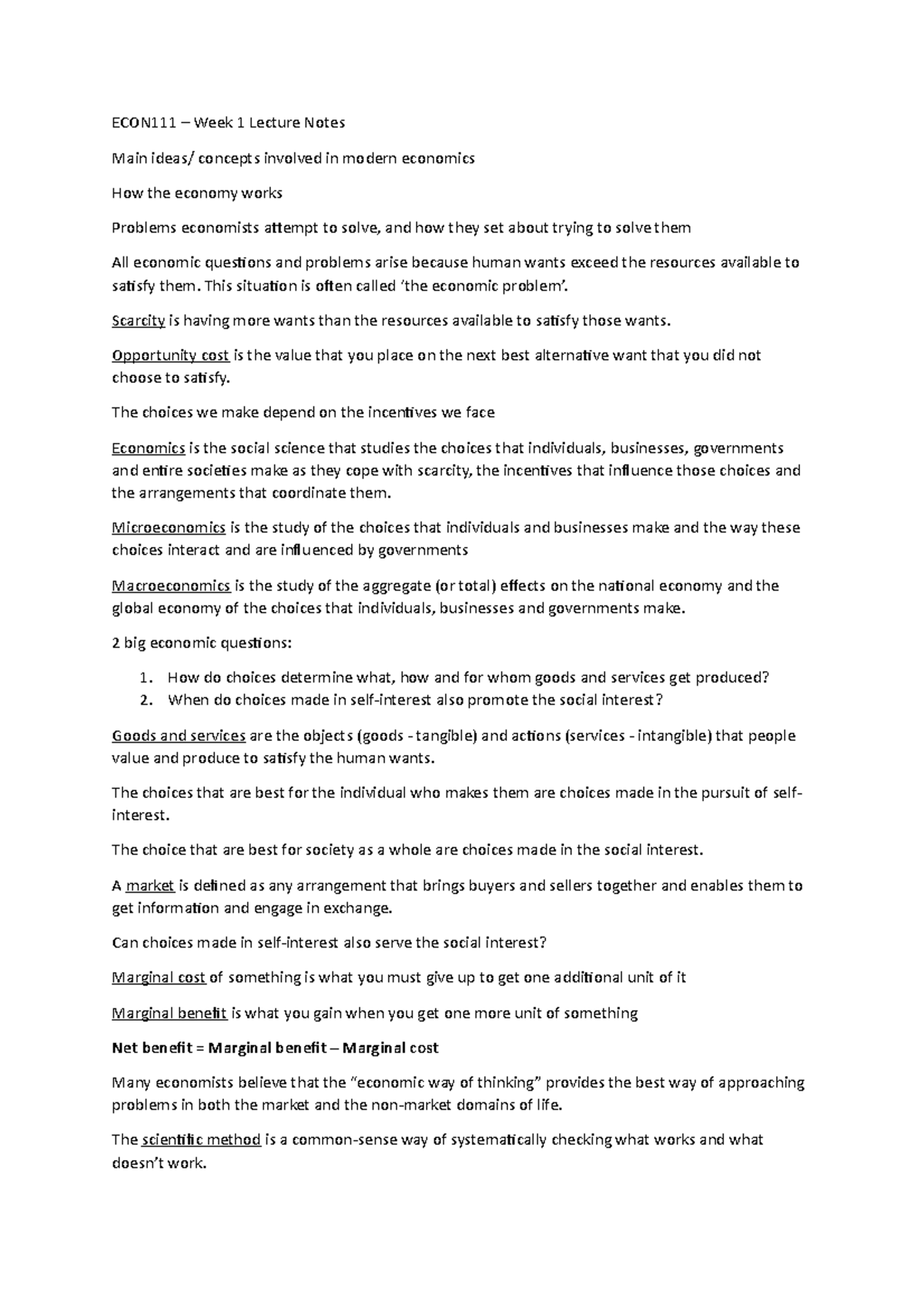 Week 1 - Microeconomic Principles - ECON111 – Week 1 Lecture Notes Main ...